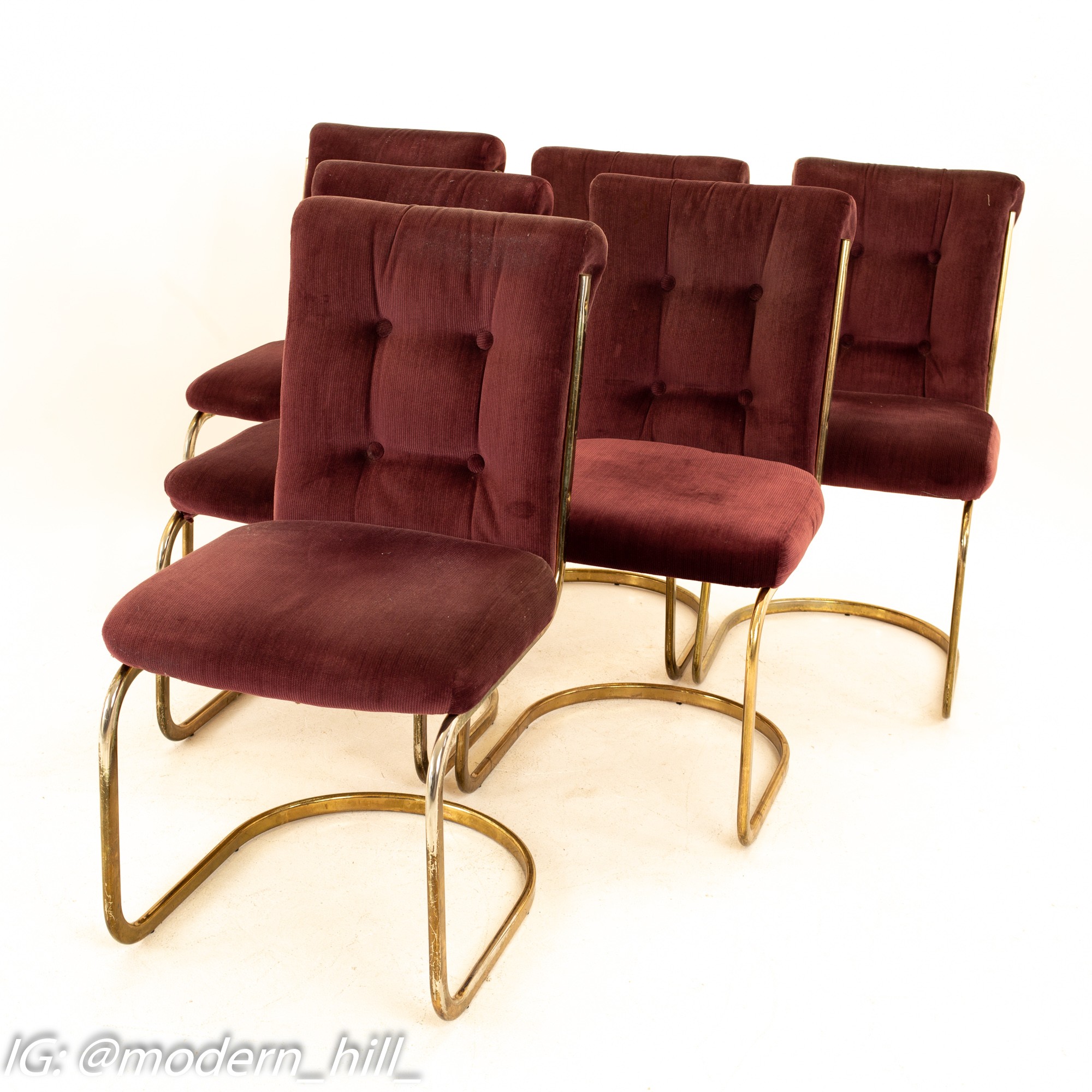 Milo Baughman Style Mid Century Cantilever Brass Chairs Set of 6