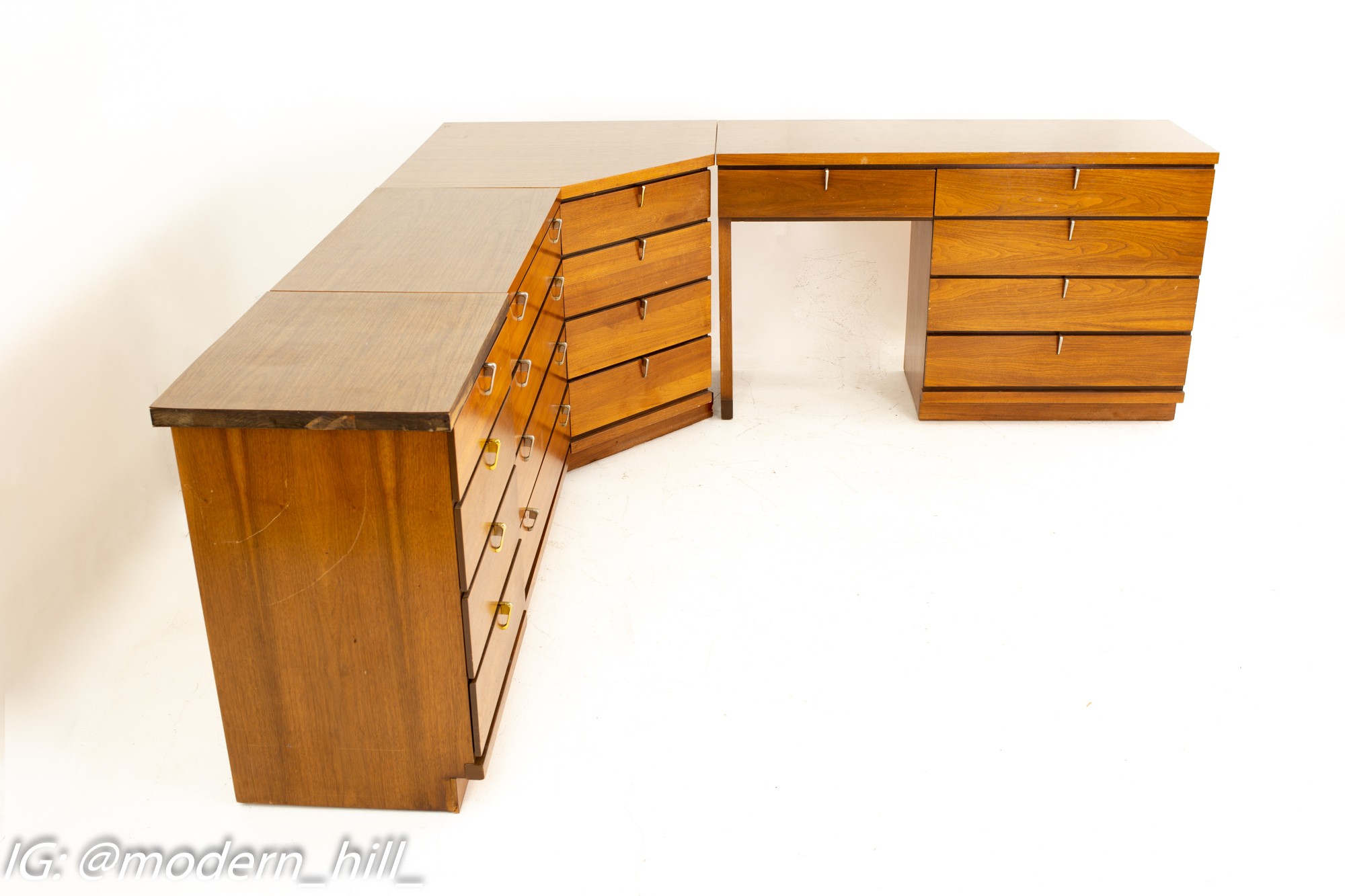 Johnson Carper Mid Century Walnut and Formica 4 Piece Corner Dresser Desk
