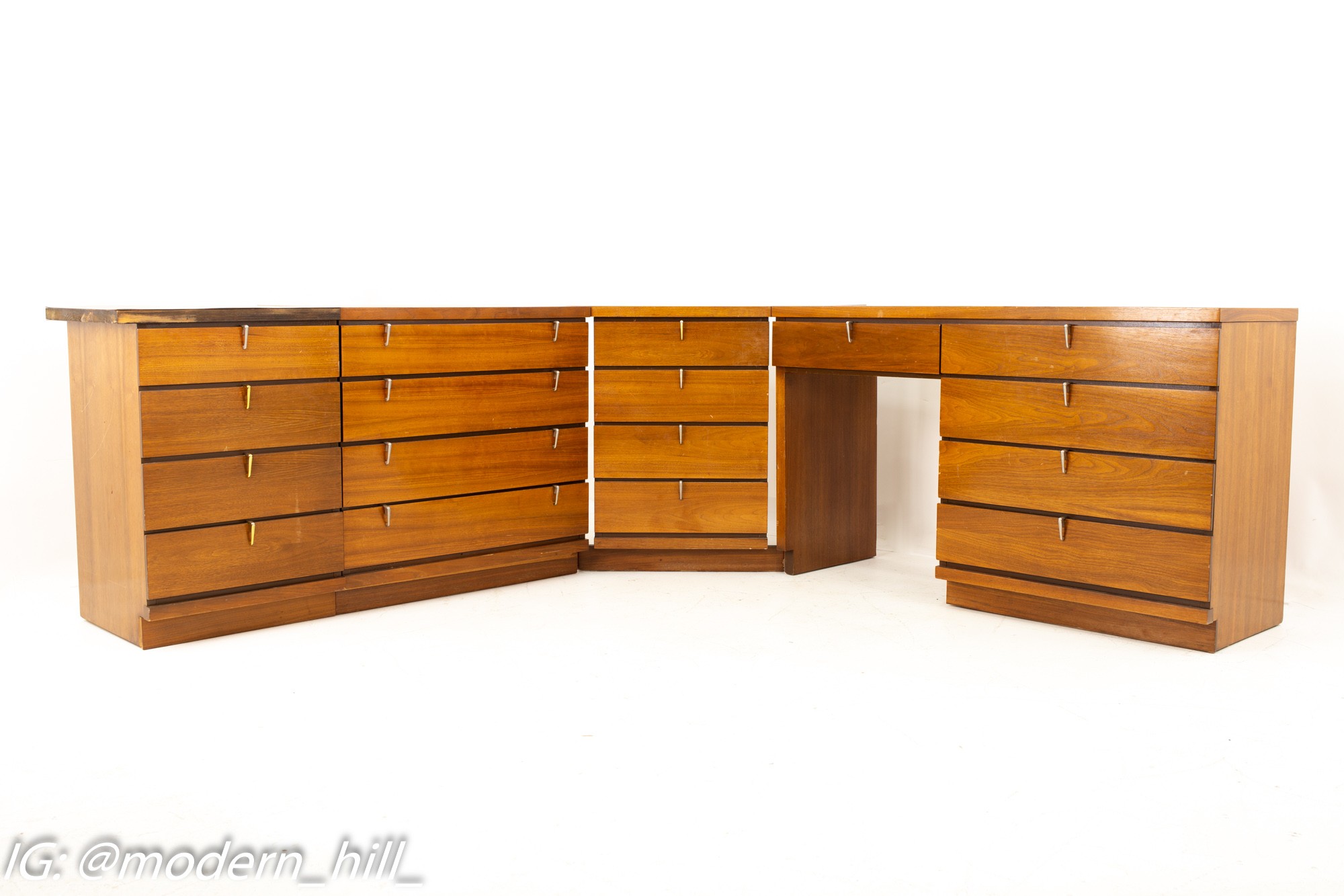 Johnson Carper Mid Century Walnut and Formica 4 Piece Corner Dresser Desk