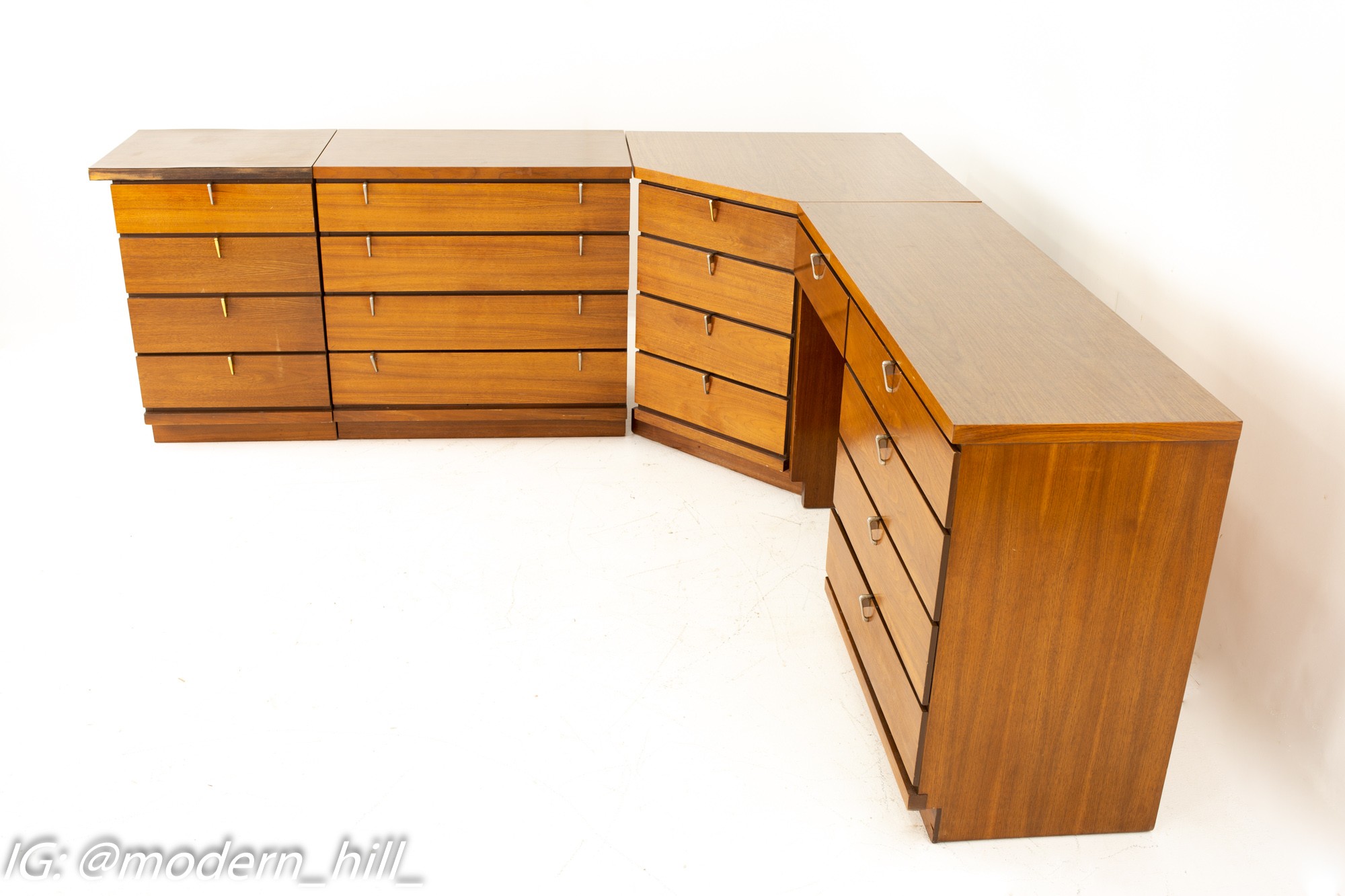 Johnson Carper Mid Century Walnut and Formica 4 Piece Corner Dresser Desk