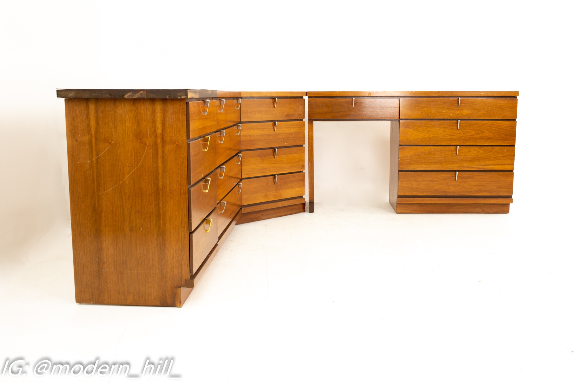 Johnson Carper Mid Century Walnut and Formica 4 Piece Corner Dresser Desk
