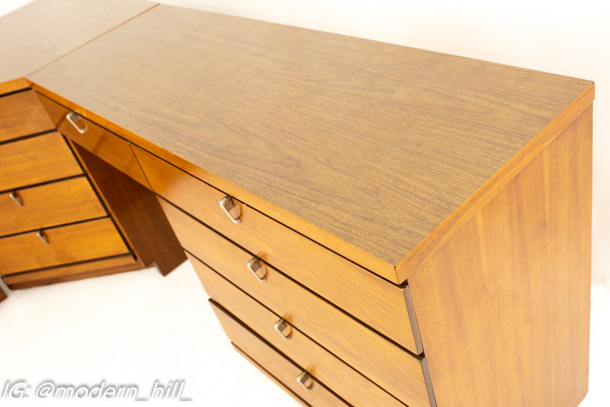 Johnson Carper Mid Century Walnut and Formica 4 Piece Corner Dresser Desk