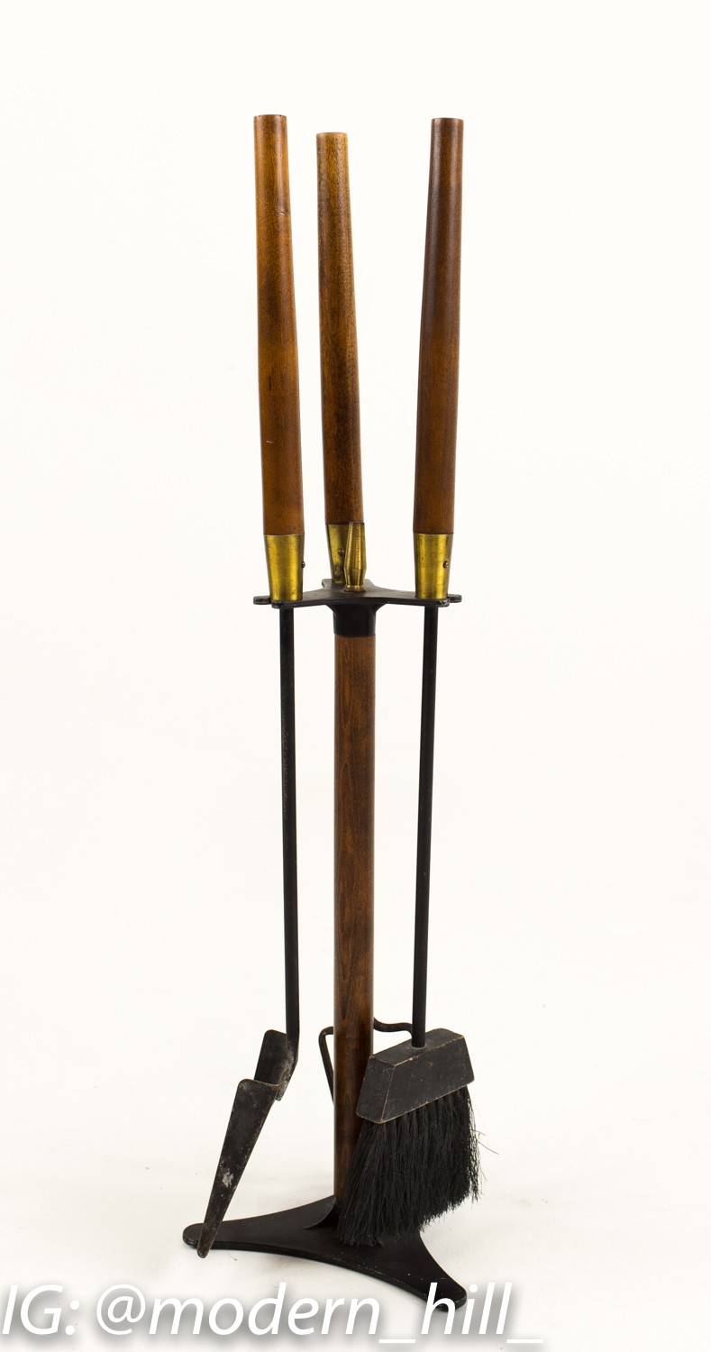 Mid-century Wooden Fireplace Tool Set
