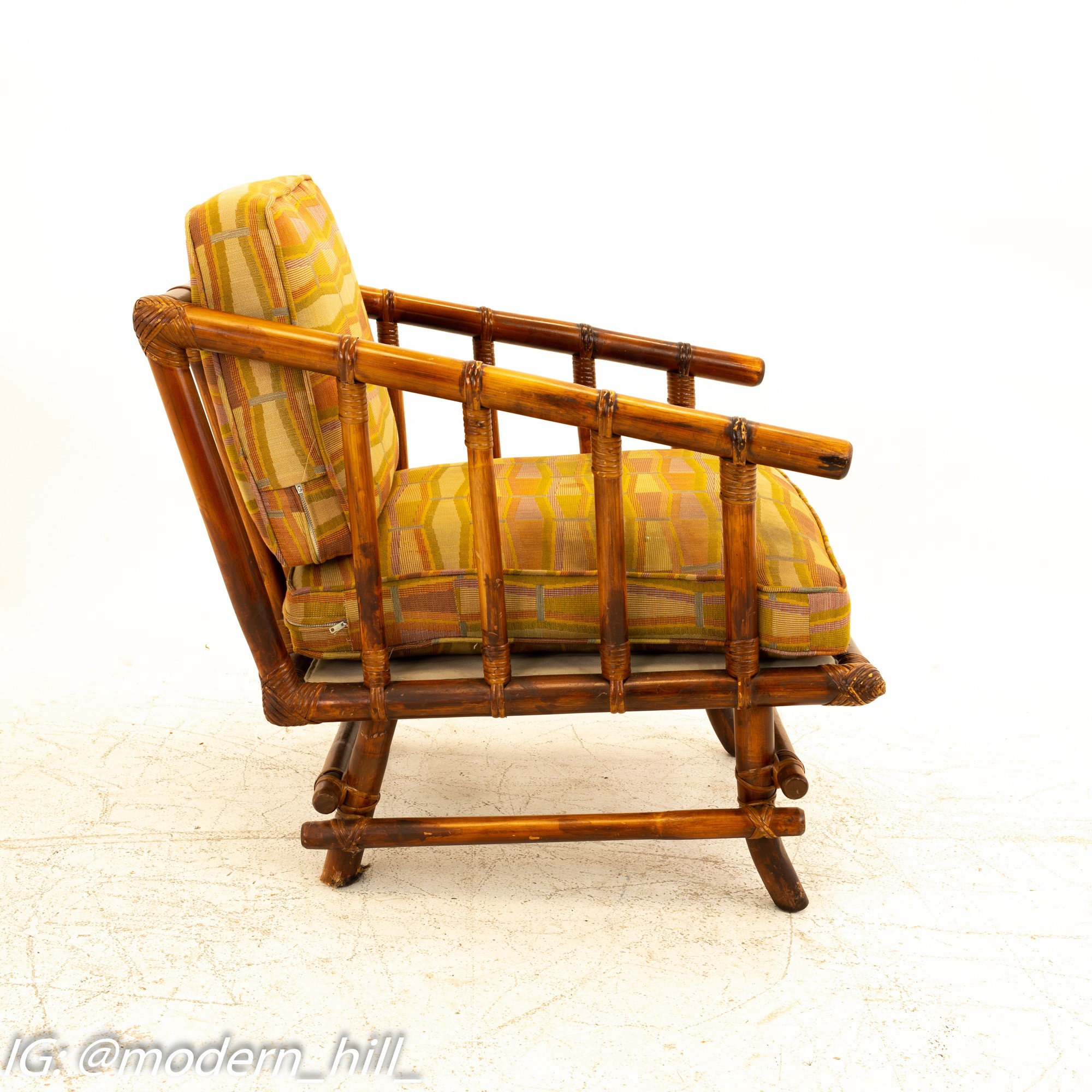 Mcguire Style Mid Century Bamboo Lounge Chairs with Ottoman - Pair