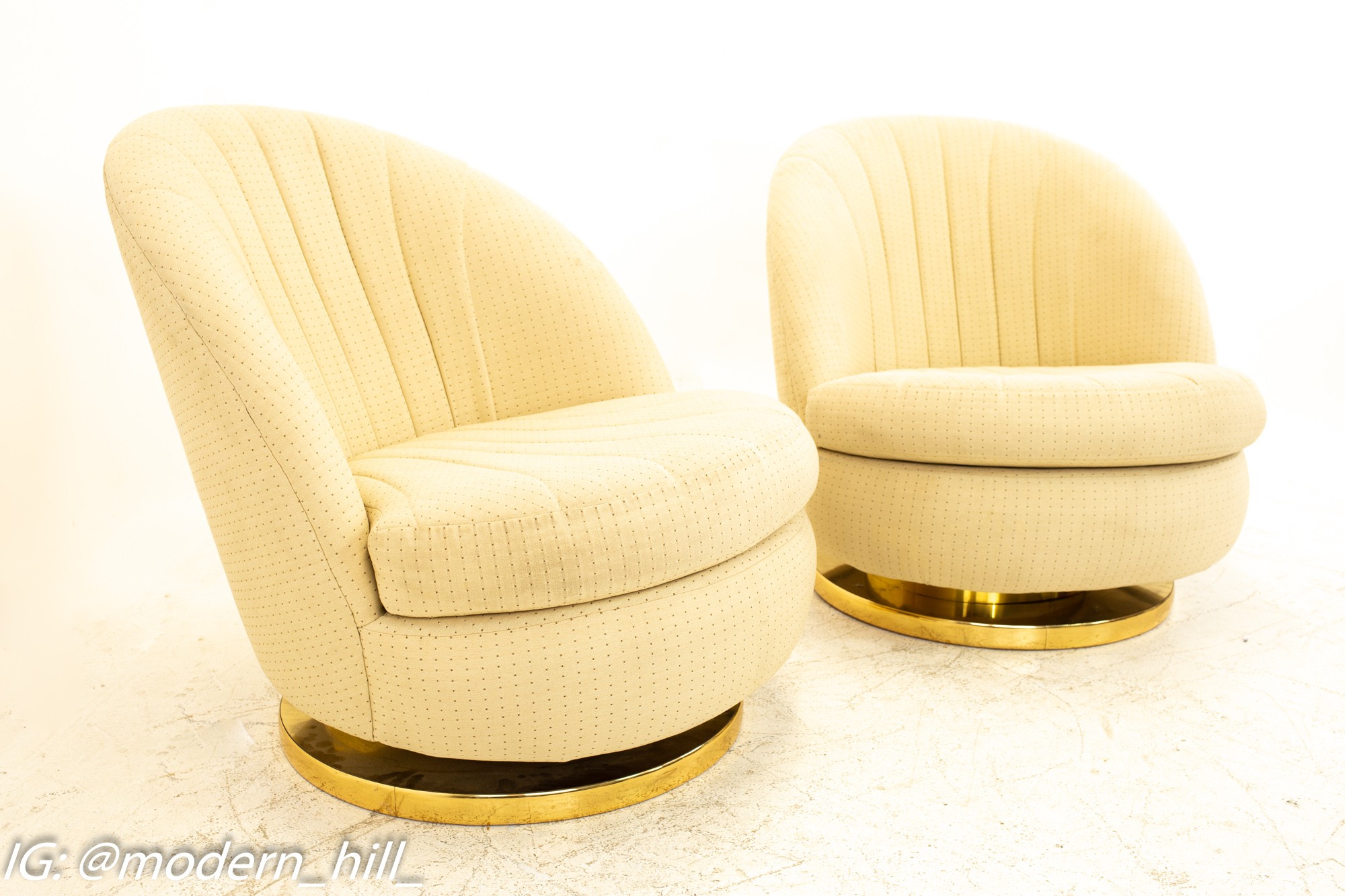 Milo Baughman Mid Century Brass Base Swivel Barrel Lounge Chairs - Pair
