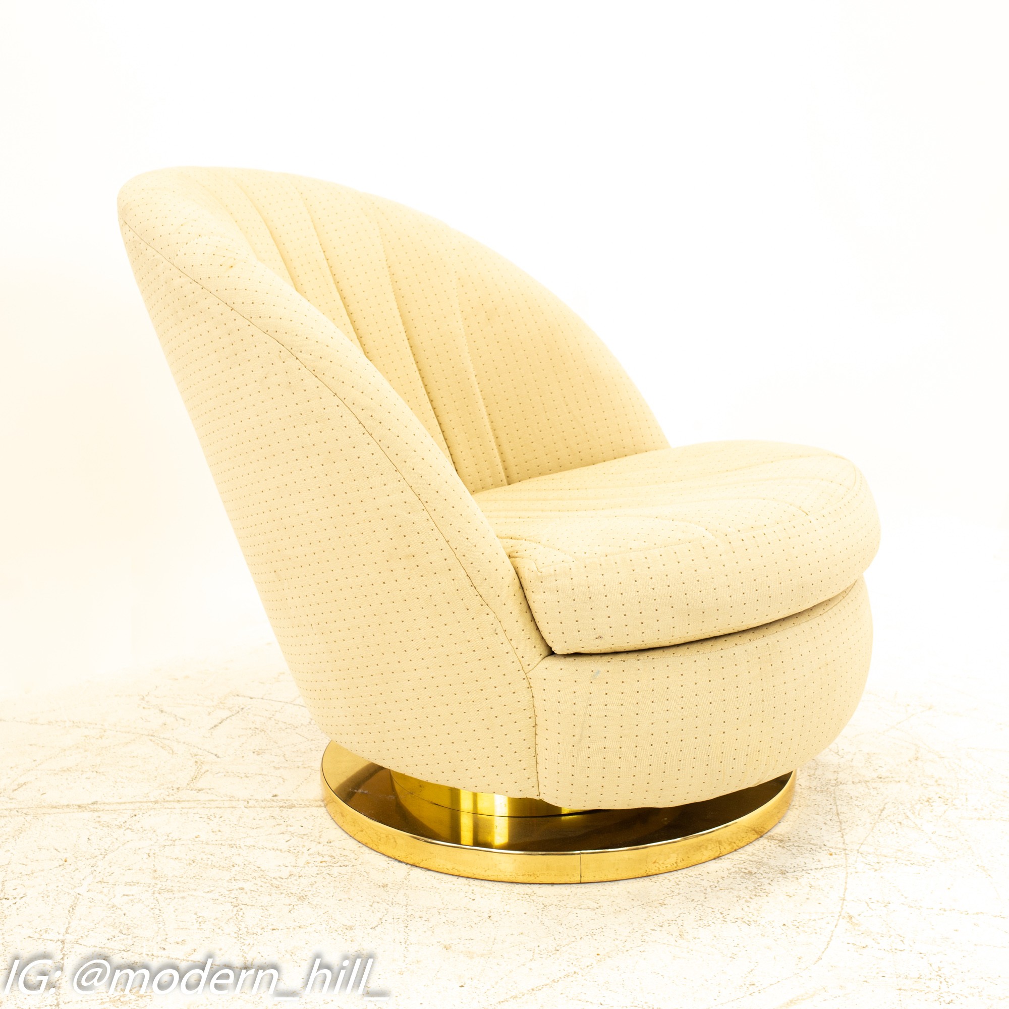 Milo Baughman Mid Century Brass Base Swivel Barrel Lounge Chairs - Pair