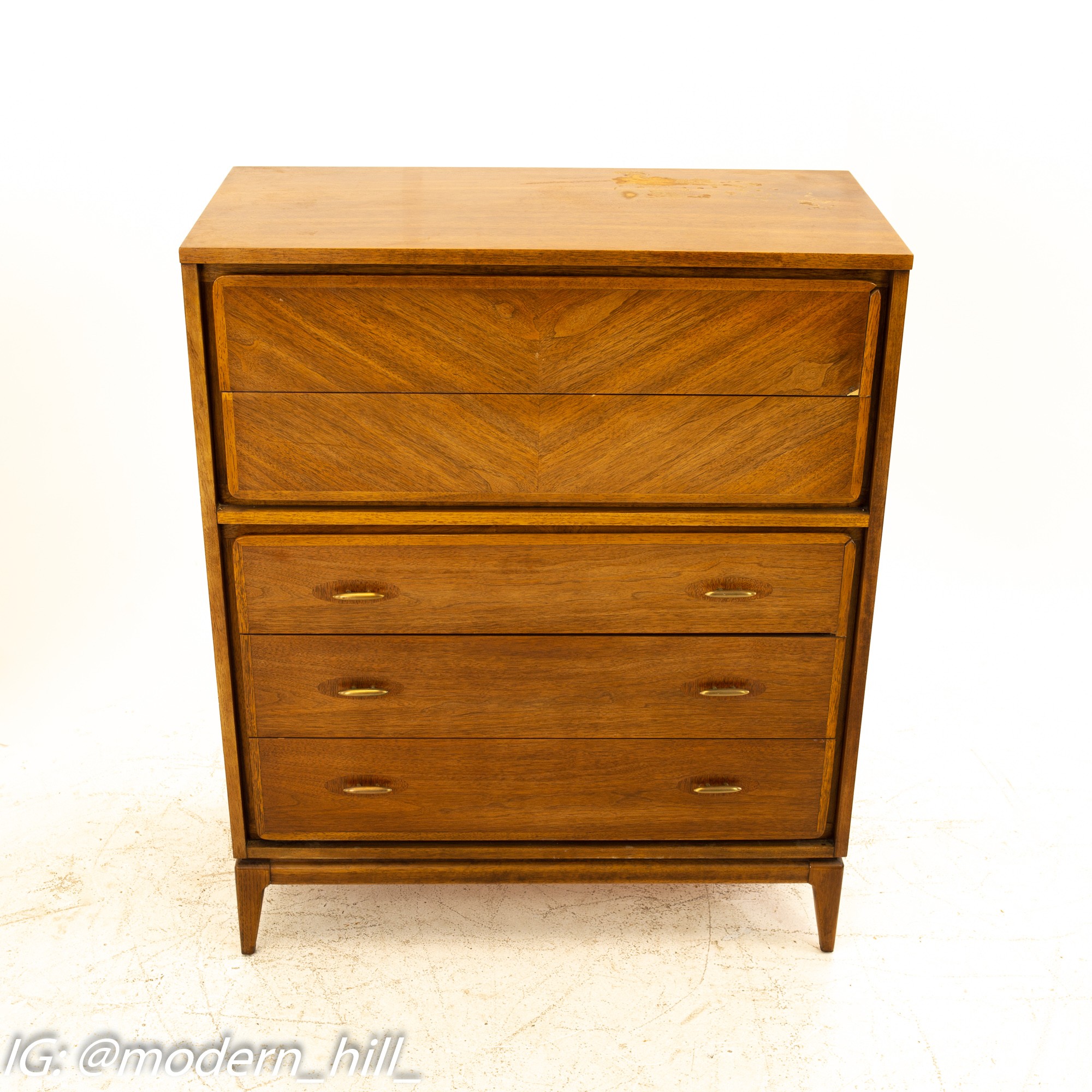 Kent Coffey Simplex-II Mid Century Walnut & Brass 5 Drawer Highboy Dresser