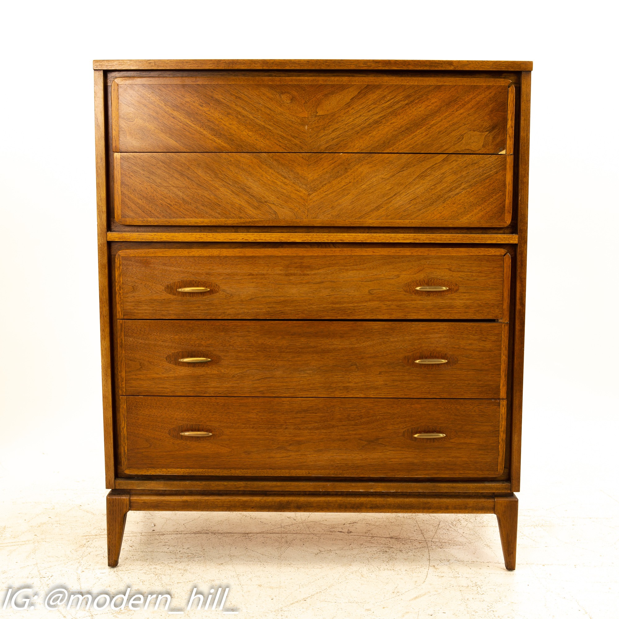 Kent Coffey Simplex-II Mid Century Walnut & Brass 5 Drawer Highboy Dresser
