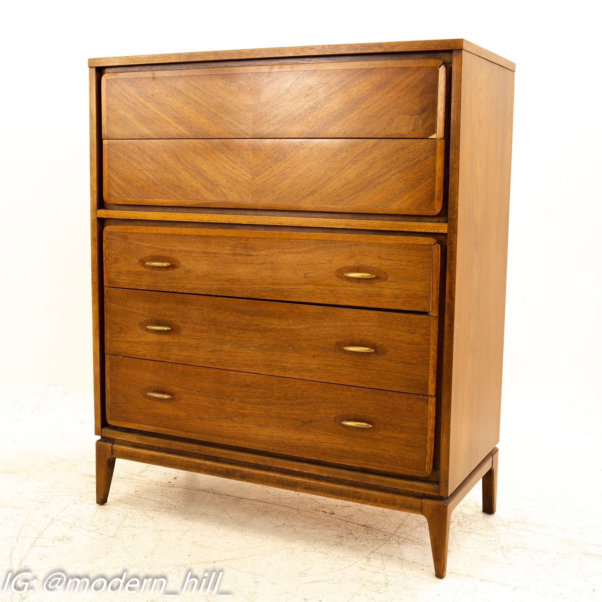 Kent Coffey Simplex-II Mid Century Walnut & Brass 5 Drawer Highboy Dresser