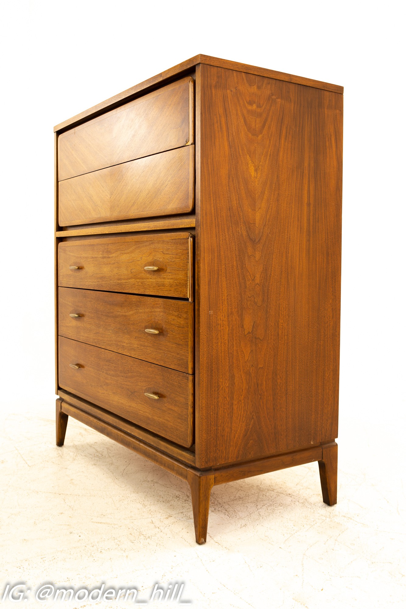 Kent Coffey Simplex-II Mid Century Walnut & Brass 5 Drawer Highboy Dresser
