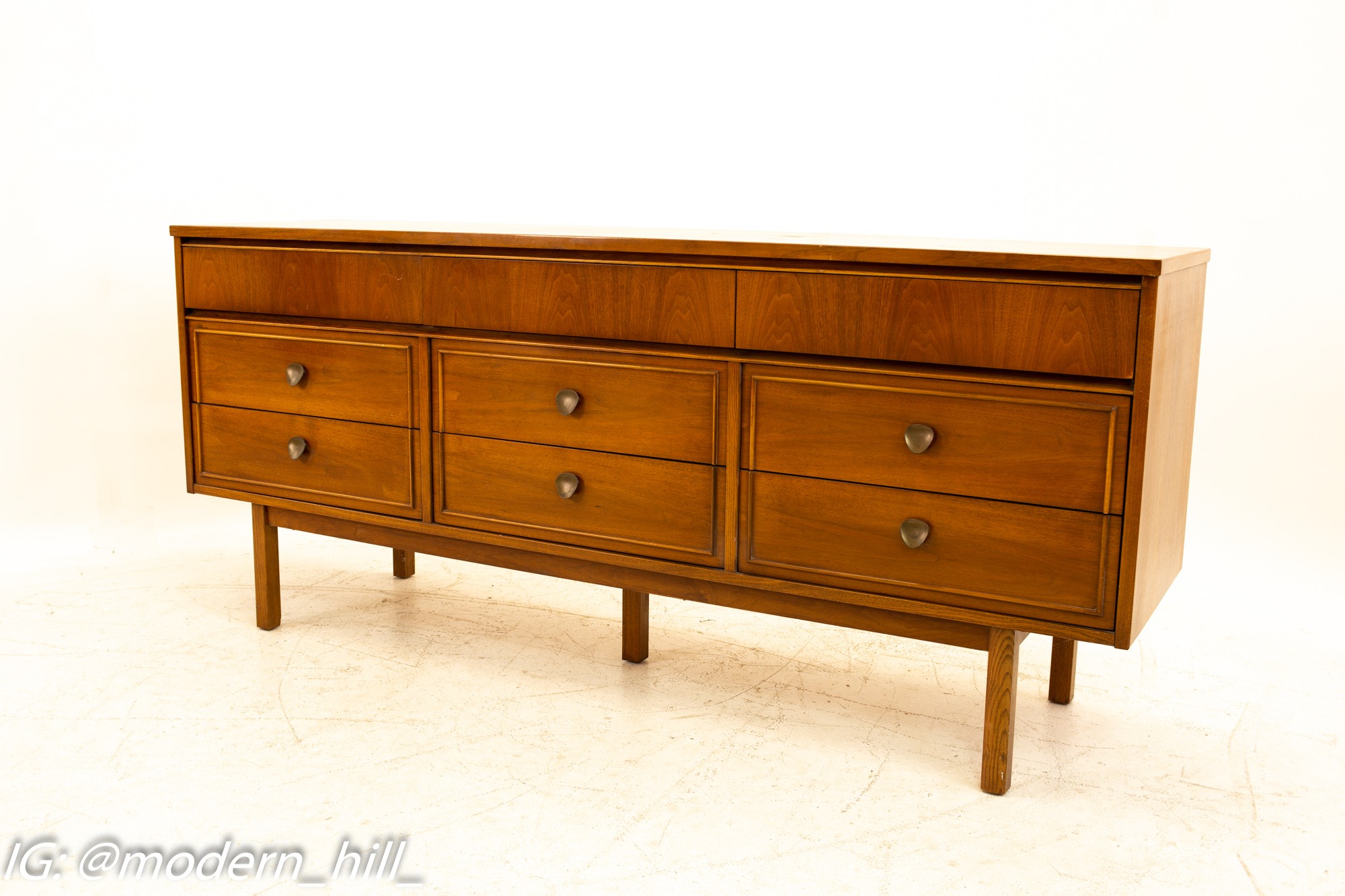 Dixie Furniture Mid Century Walnut 9 Drawer Lowboy Dresser