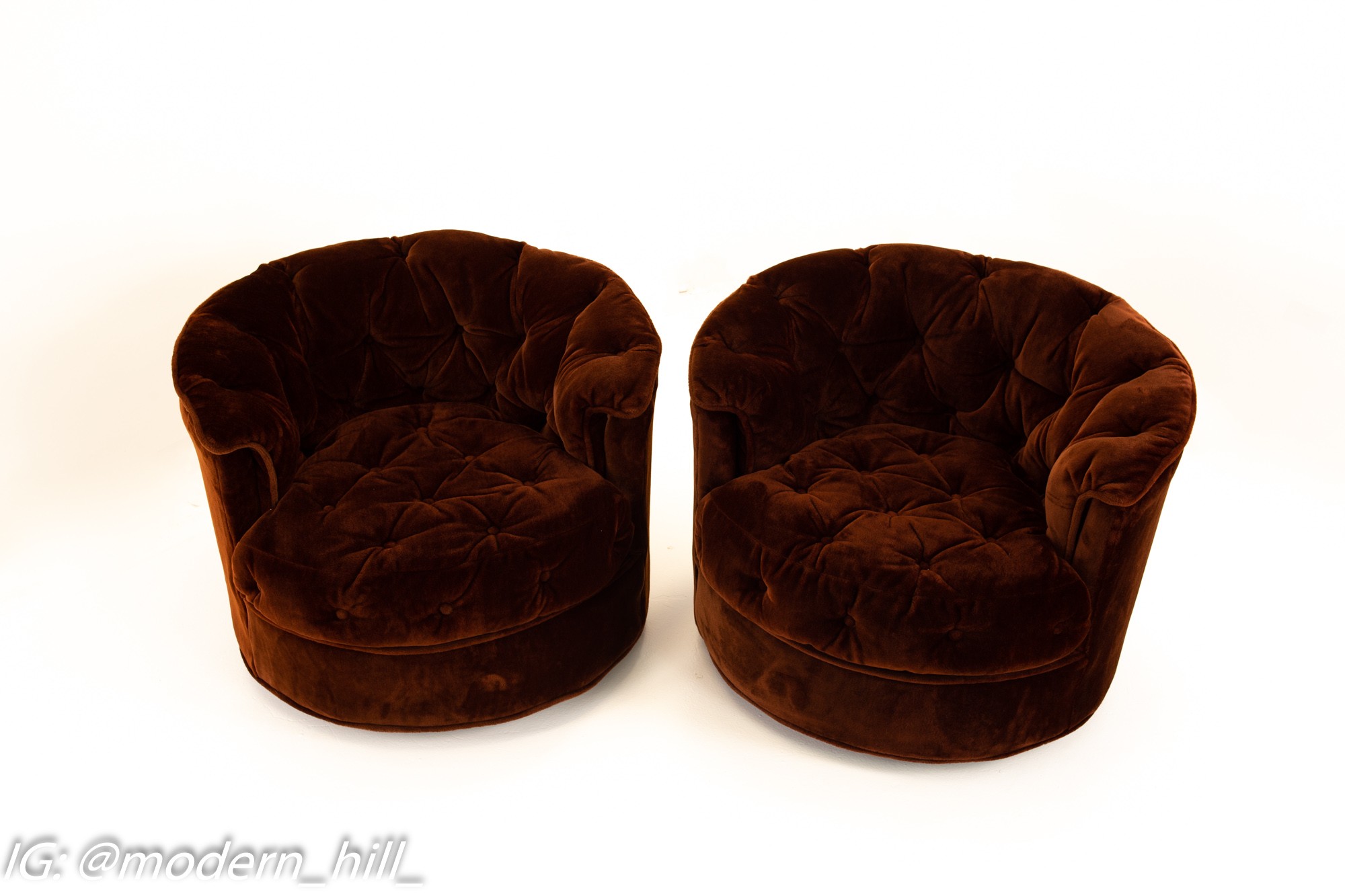 Milo Baughman Style Mid Century Burgundy Tufted Barrel Swivel Lounge Chairs - Pair