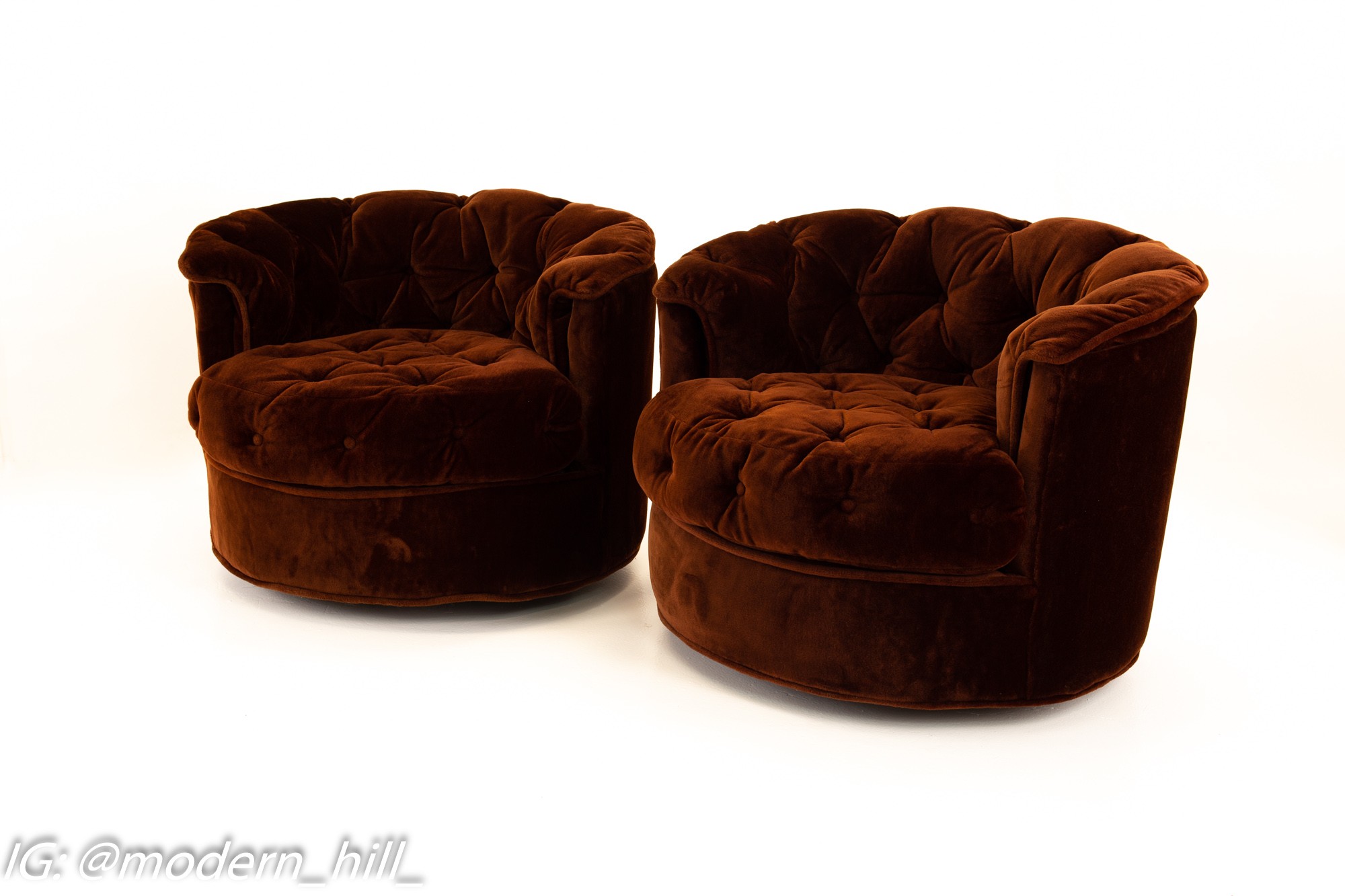 Milo Baughman Style Mid Century Burgundy Tufted Barrel Swivel Lounge Chairs - Pair