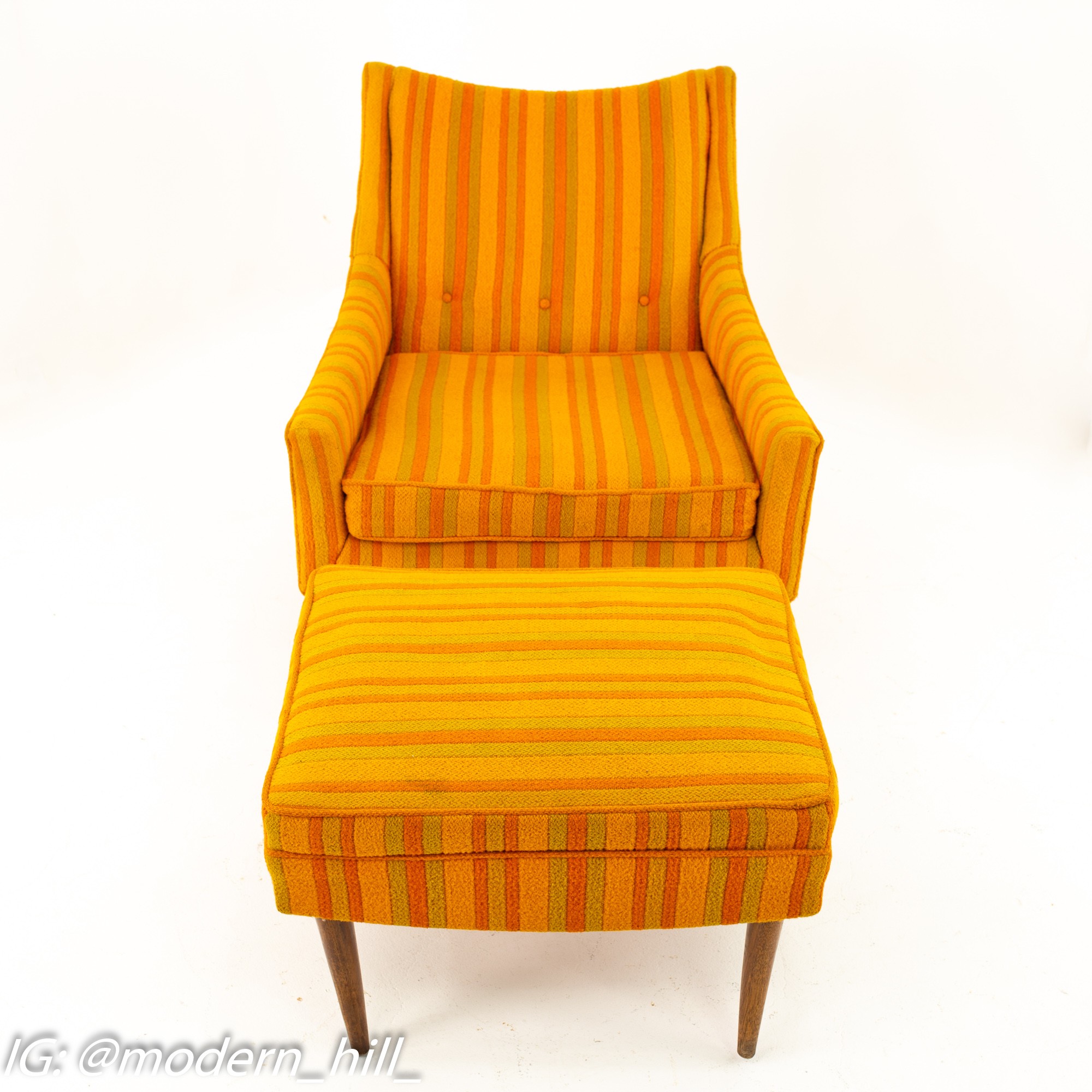 Adrian Pearsall Style Kroehler Mid Century Orange and Green Striped Lounge Chair and Ottoman