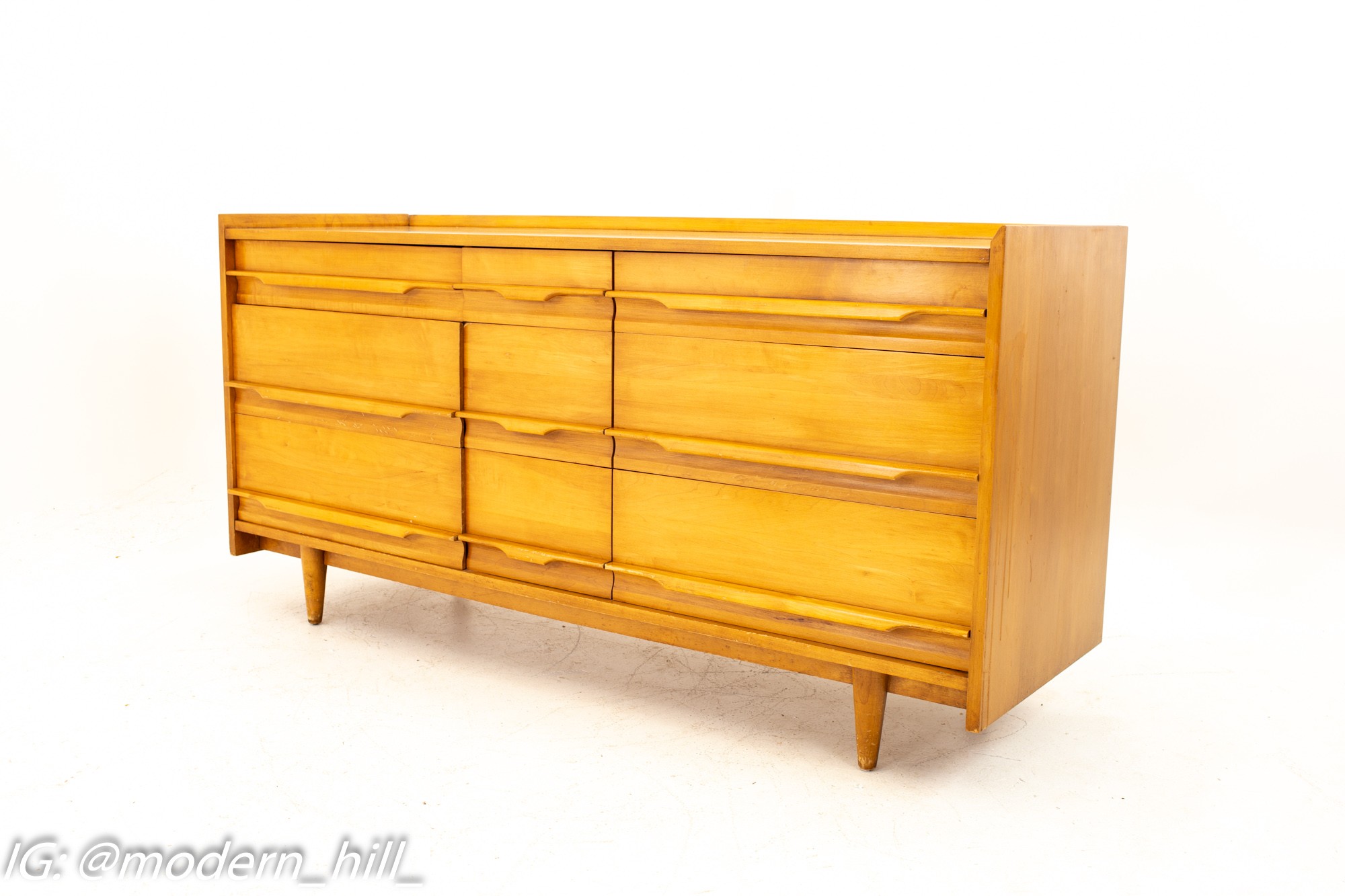 Milo Baughman Style Crawford Furniture Mid Century Blonde 9 Drawer Lowboy Dresser