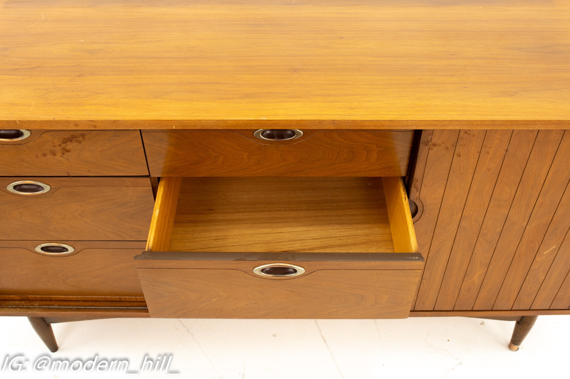 Mainline by Hooker Mid Century Walnut 9 Drawer Lowboy Dresser