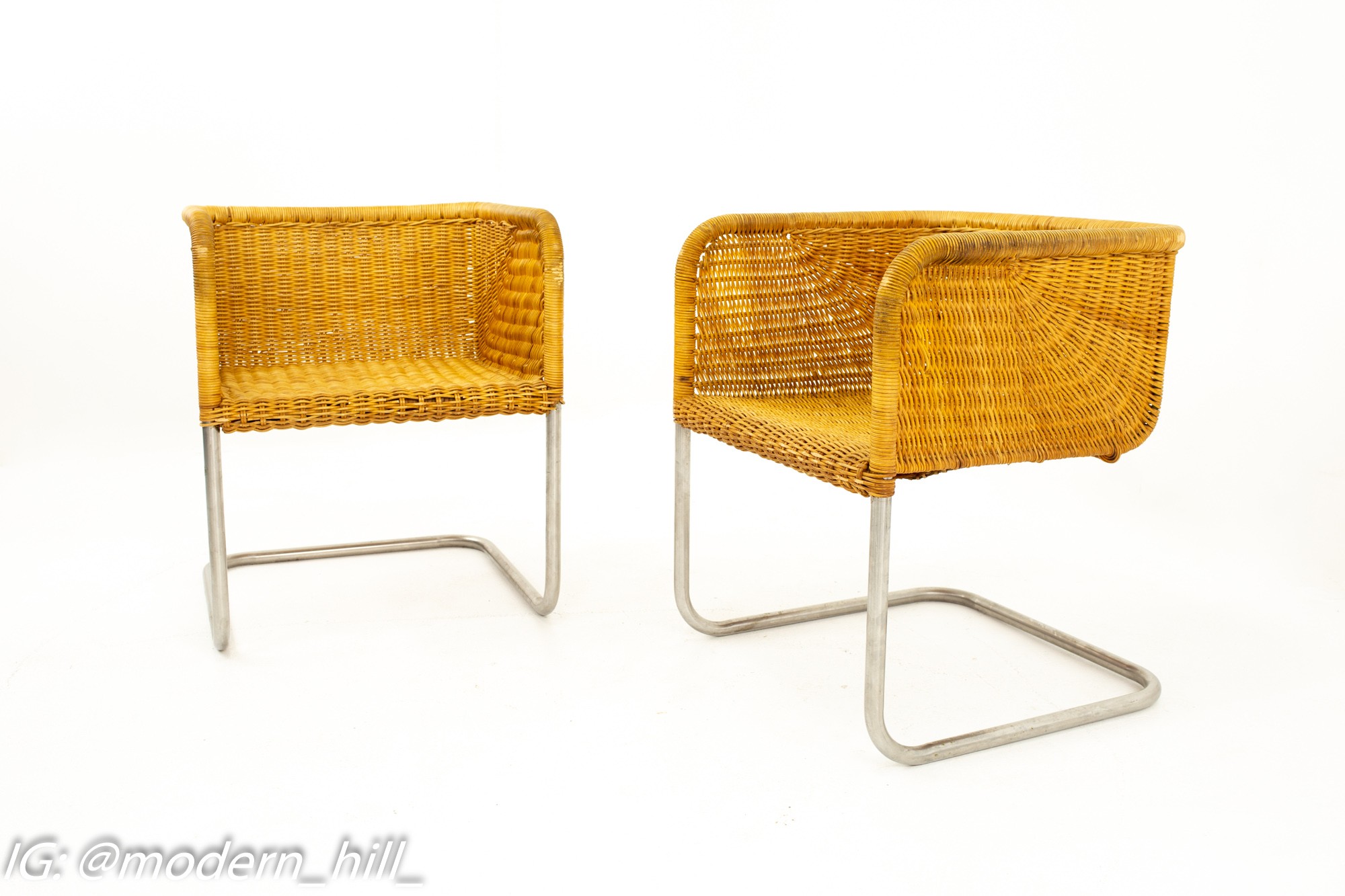 Harvey Probber Mid Century Wicker and Chrome Cantilever Dining Chairs - Pair