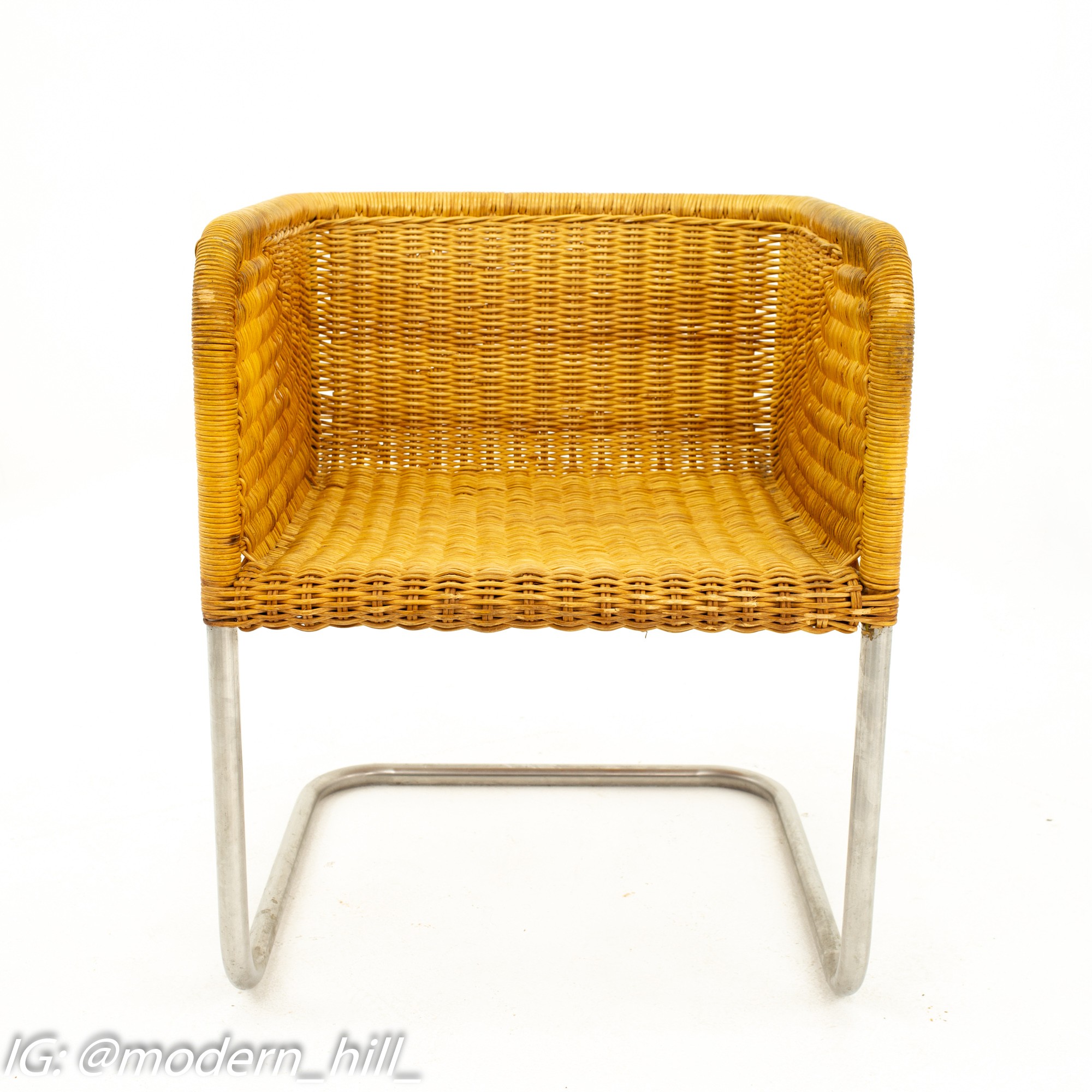 Harvey Probber Mid Century Wicker and Chrome Cantilever Dining Chairs - Pair