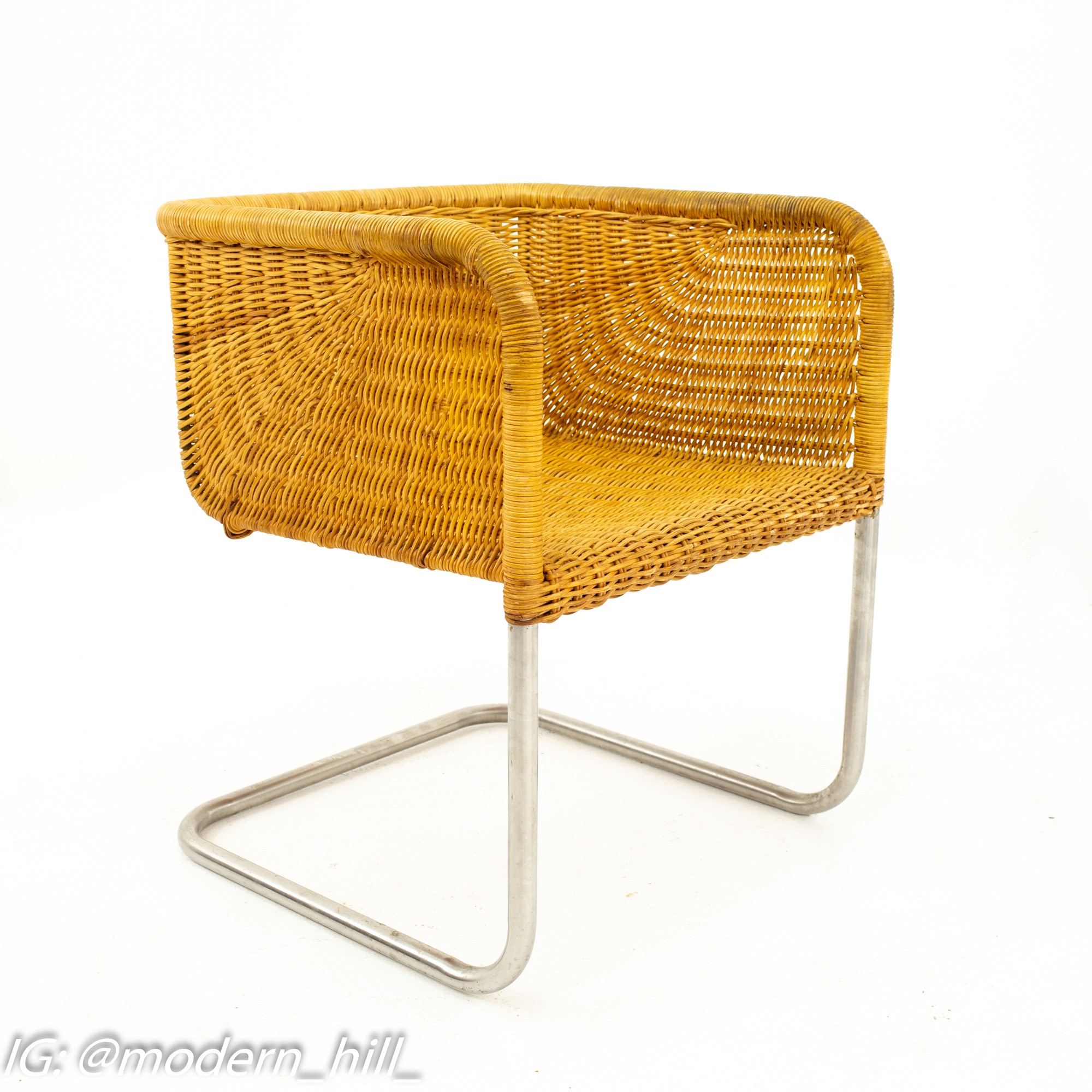 Harvey Probber Mid Century Wicker and Chrome Cantilever Dining Chairs - Pair