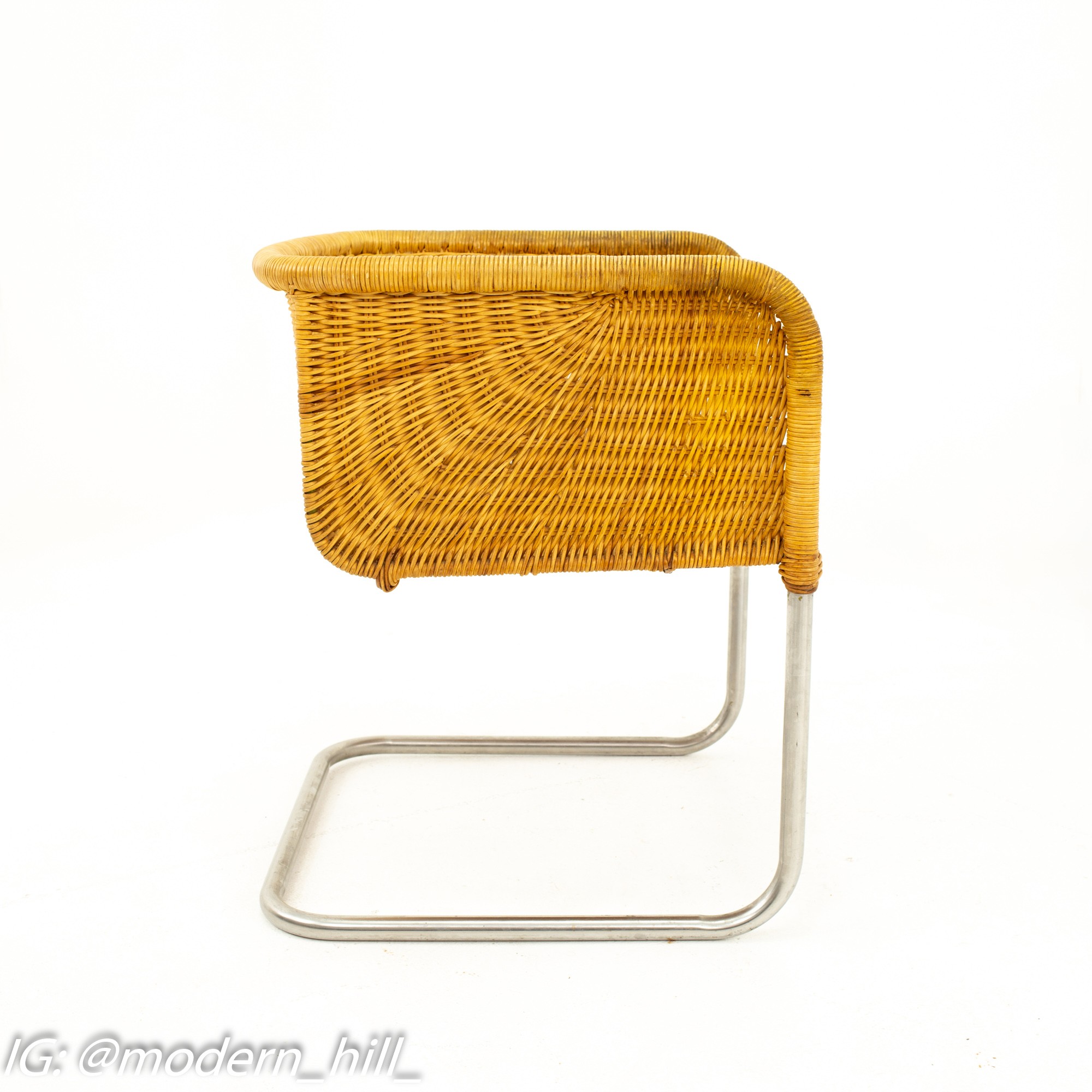 Harvey Probber Mid Century Wicker and Chrome Cantilever Dining Chairs - Pair