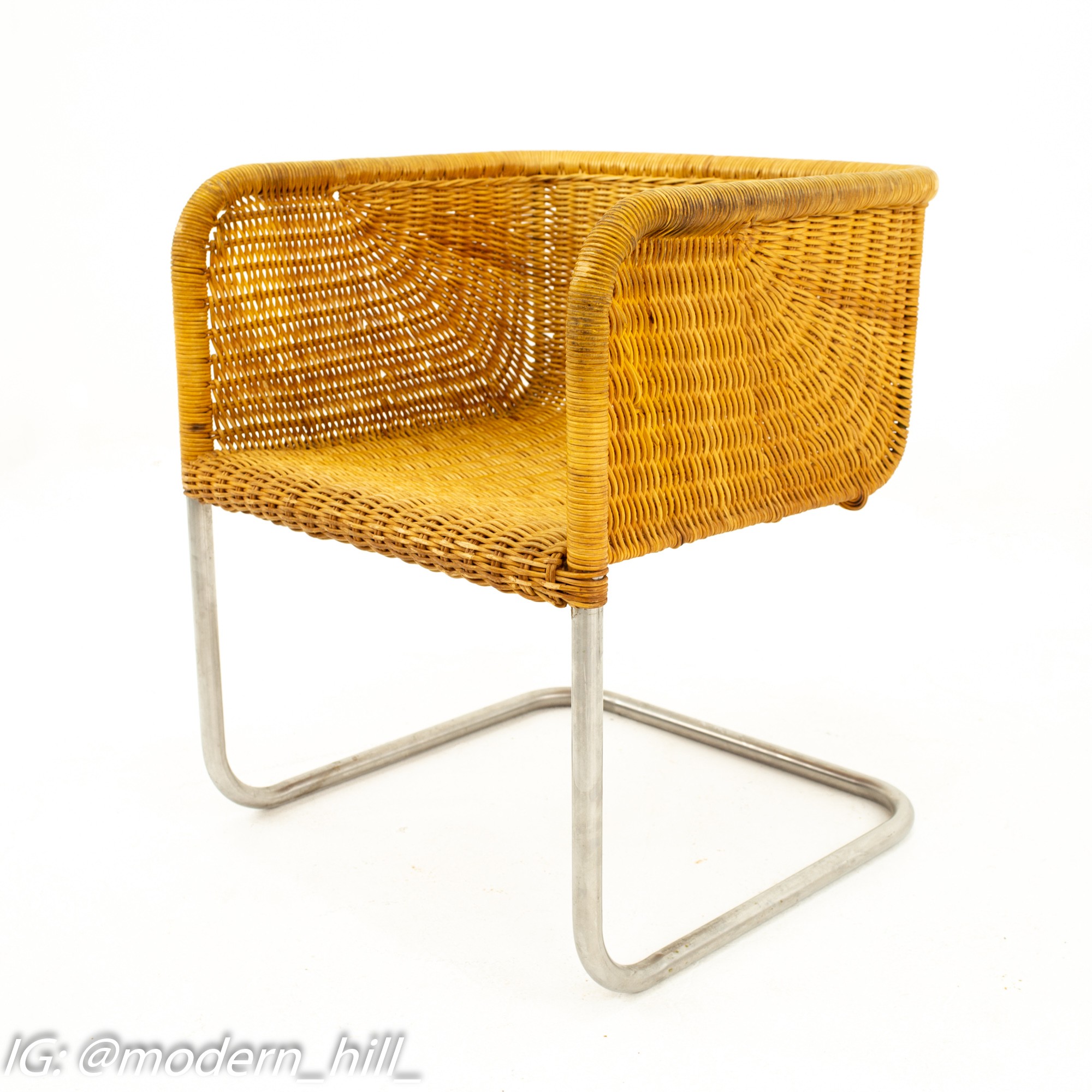 Harvey Probber Mid Century Wicker and Chrome Cantilever Dining Chairs - Pair