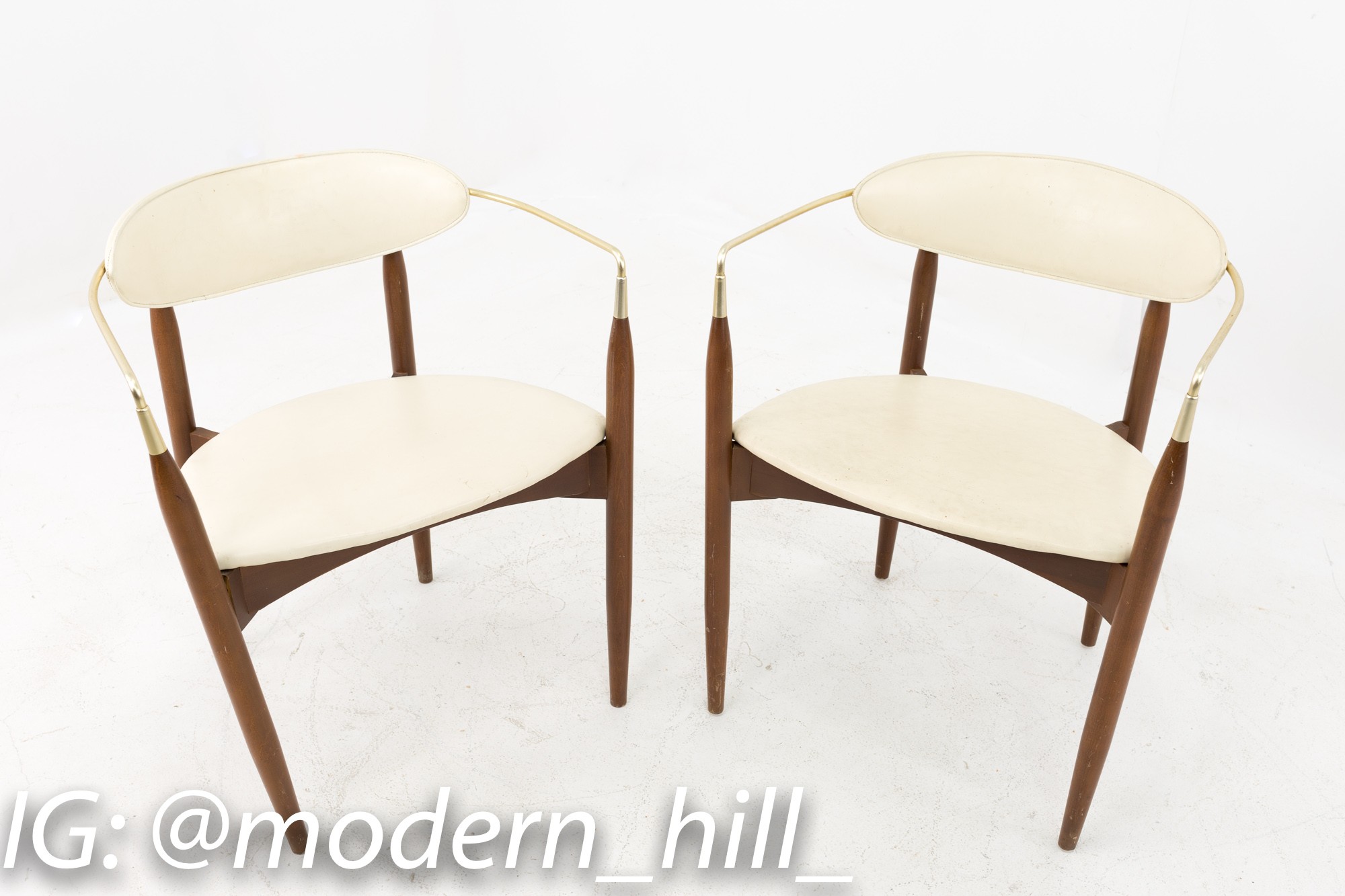 Dan Johnson for Selig Viscount Mid Century Walnut and Brass Dining Chairs - Pair
