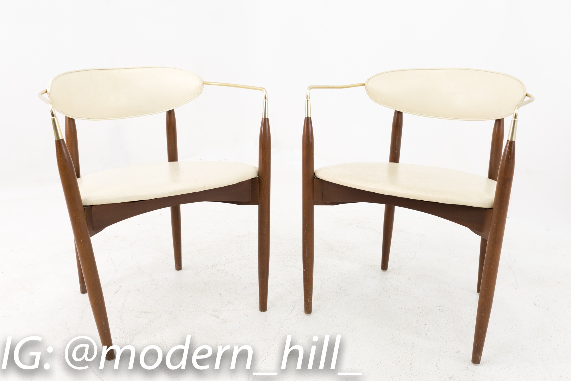 Dan Johnson for Selig Viscount Mid Century Walnut and Brass Dining Chairs - Pair