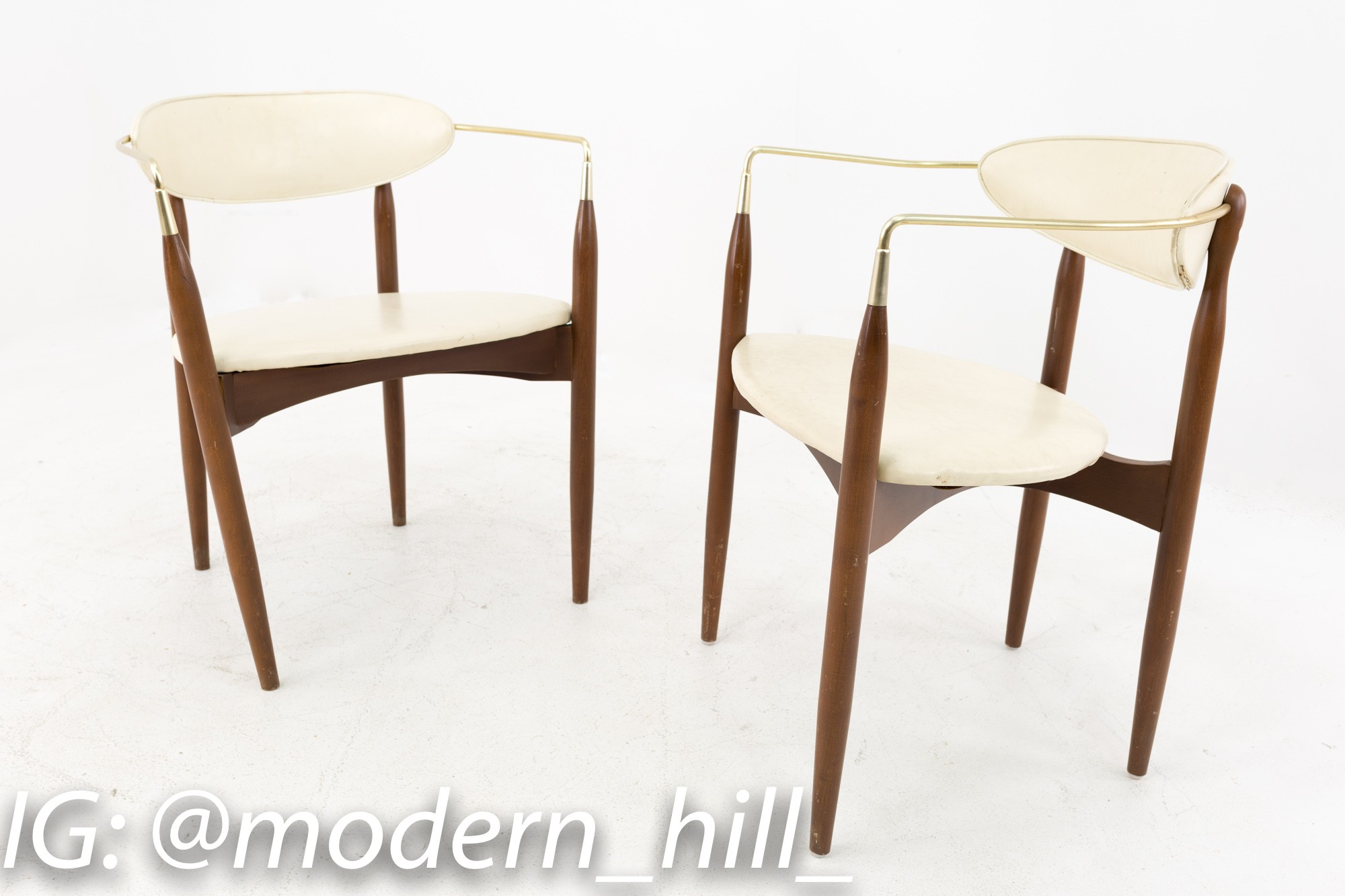Dan Johnson for Selig Viscount Mid Century Walnut and Brass Dining Chairs - Pair
