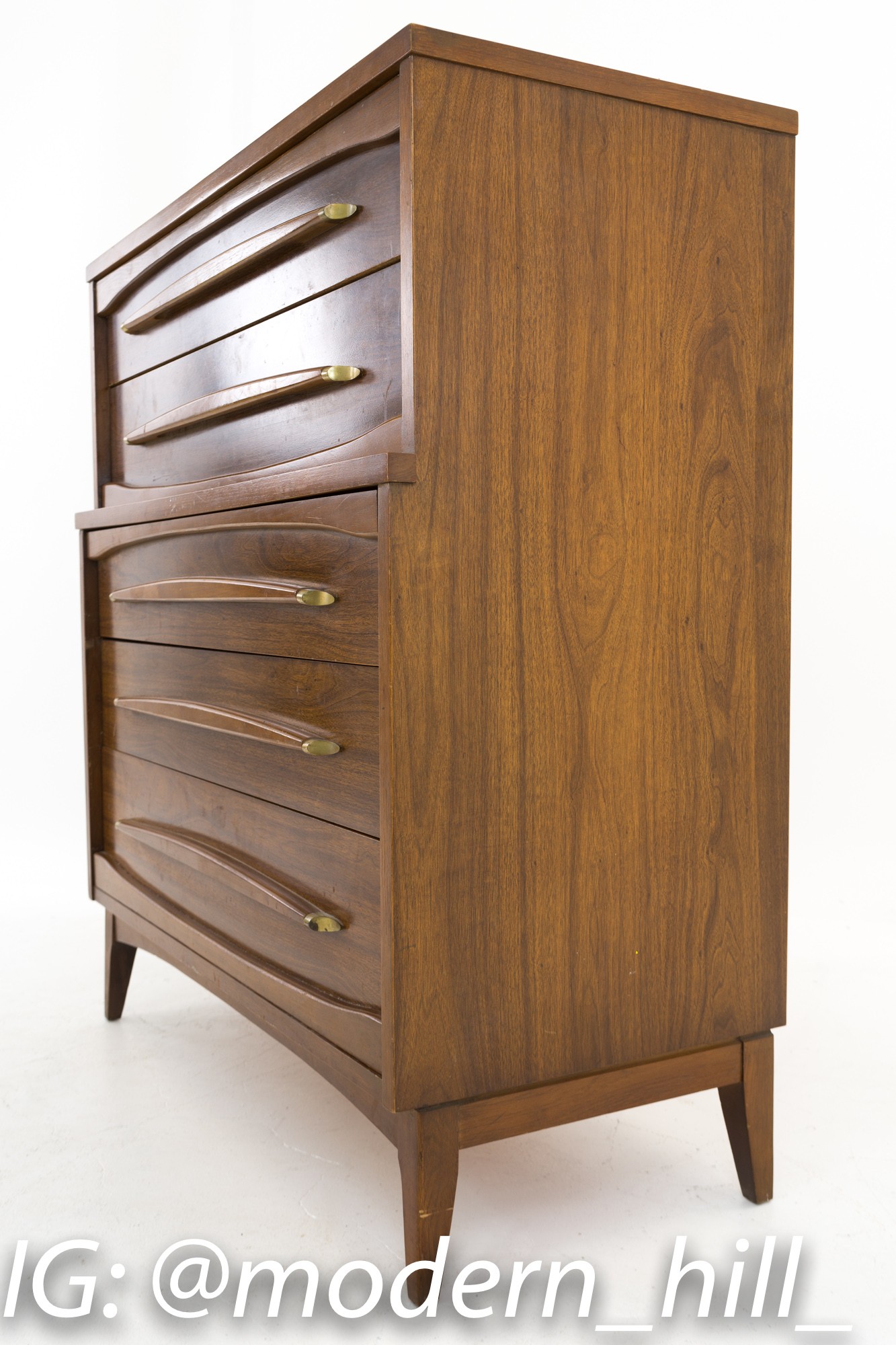 Kroehler Walnut and Brass Mid Century 5 Drawer Highboy Dresser