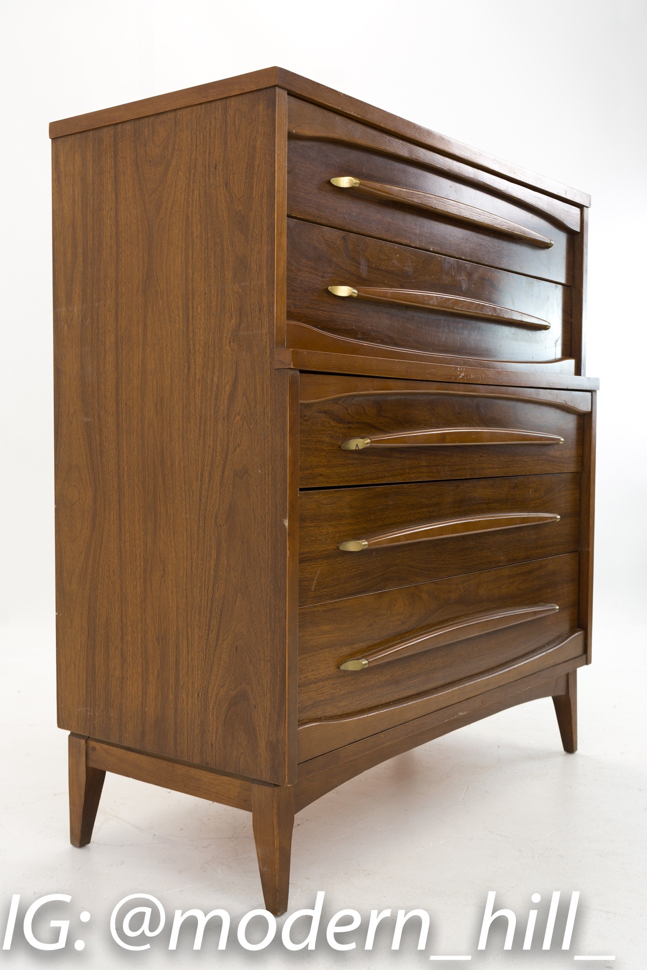 Kroehler Walnut and Brass Mid Century 5 Drawer Highboy Dresser
