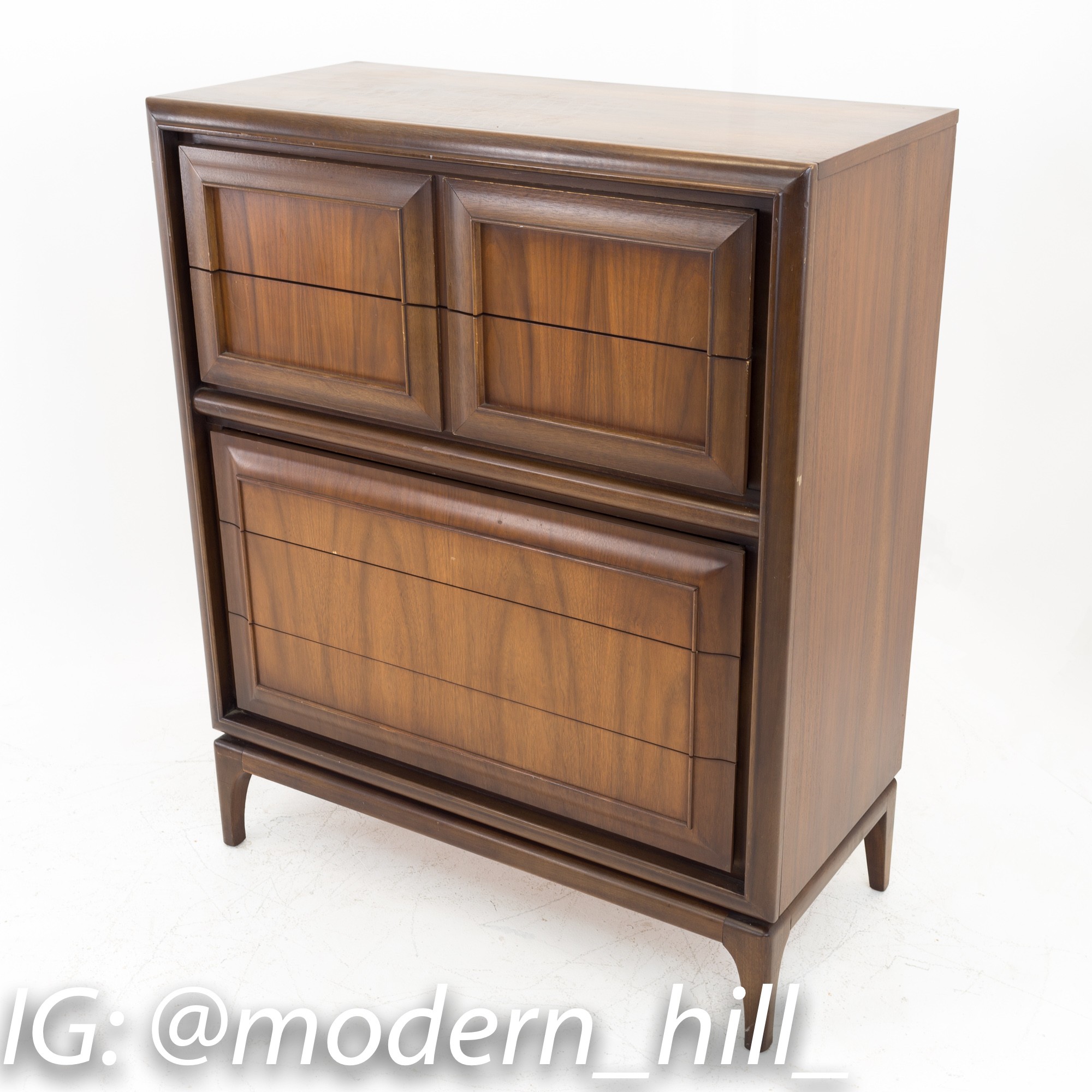 United Furniture Mid Century Walnut 7 Drawer Highboy Dresser