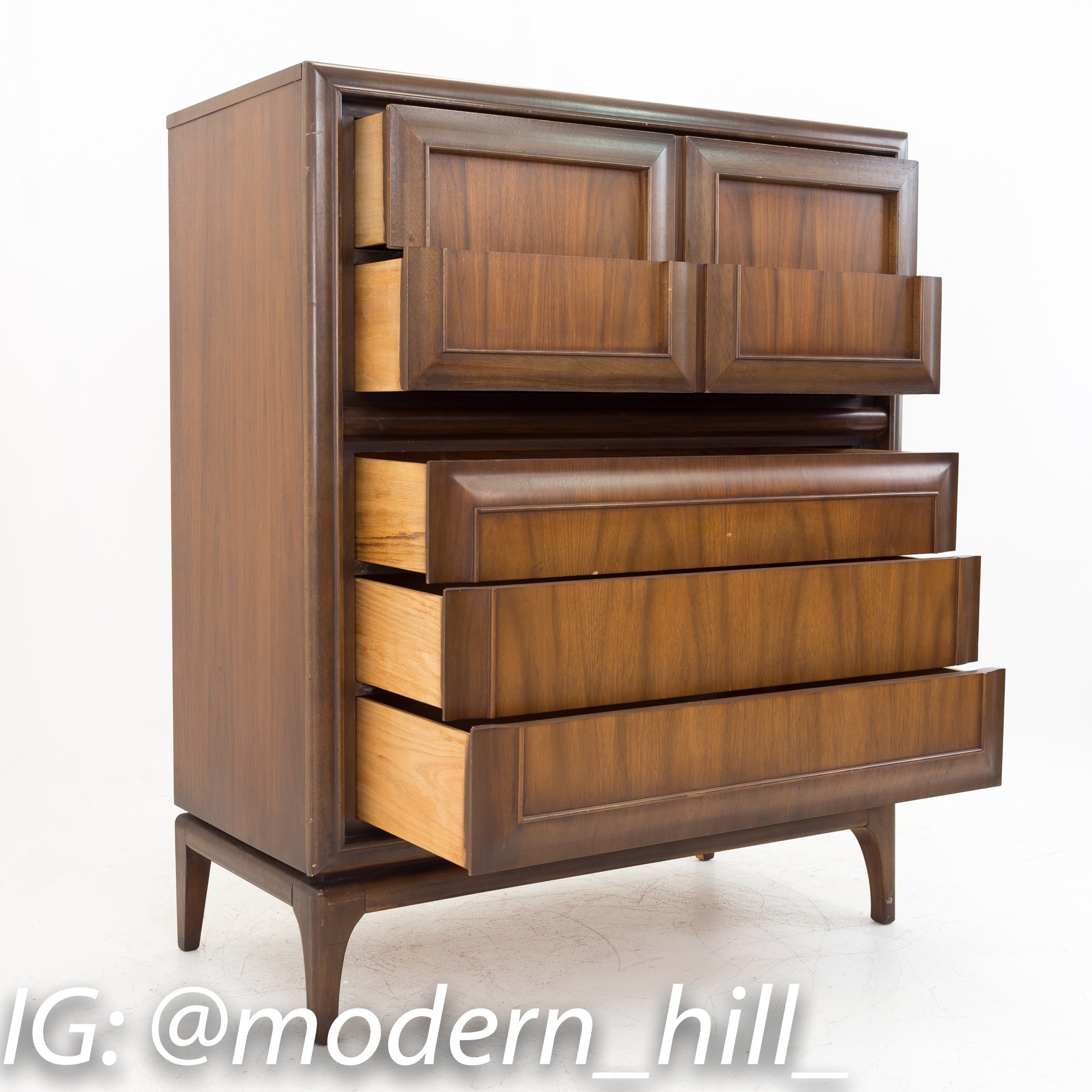 United Furniture Mid Century Walnut 7 Drawer Highboy Dresser