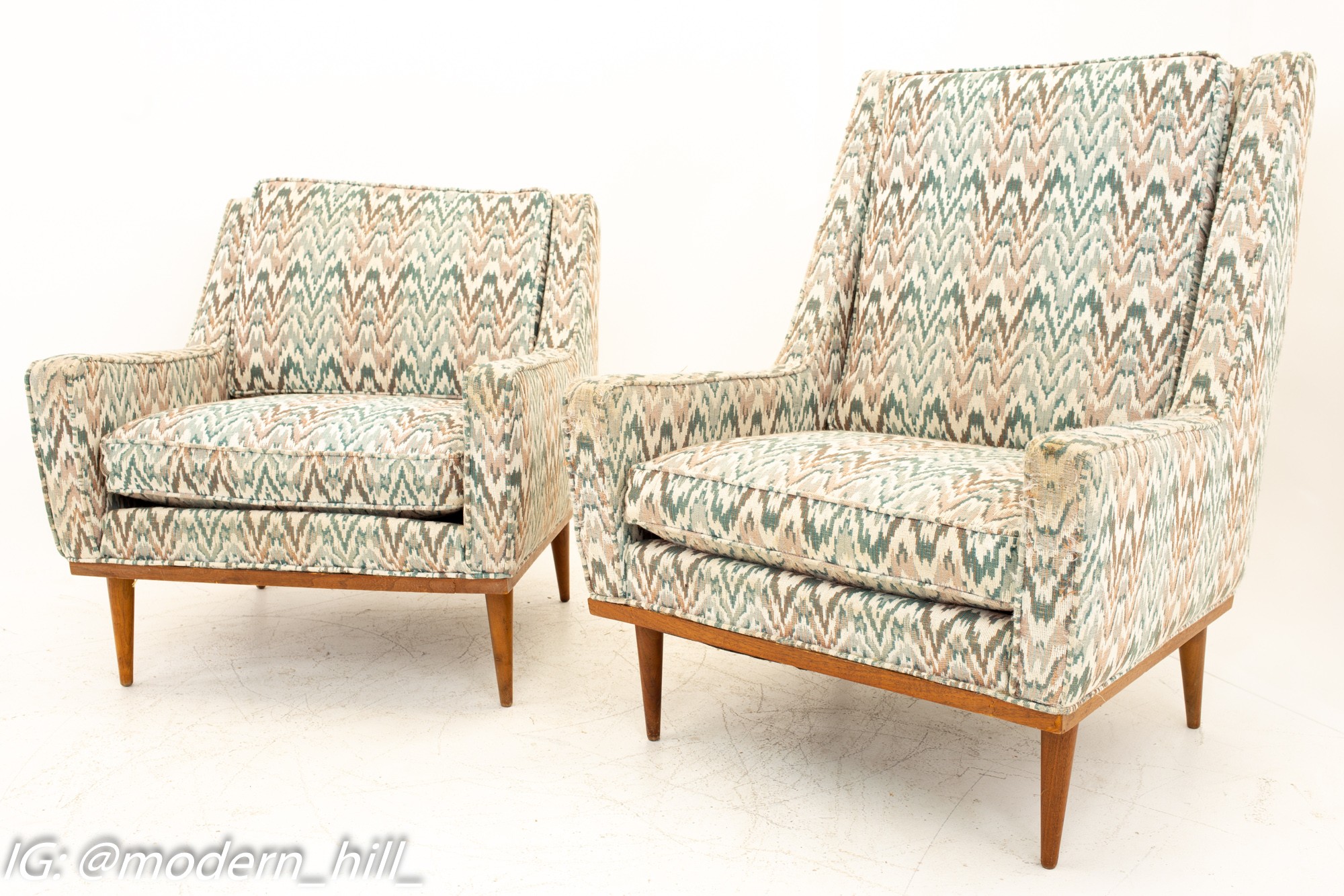 Jack Lenor Larsen Style Milo Baughman for James Inc Mid Century Articulate Highback and Lowback Lounge - Pair