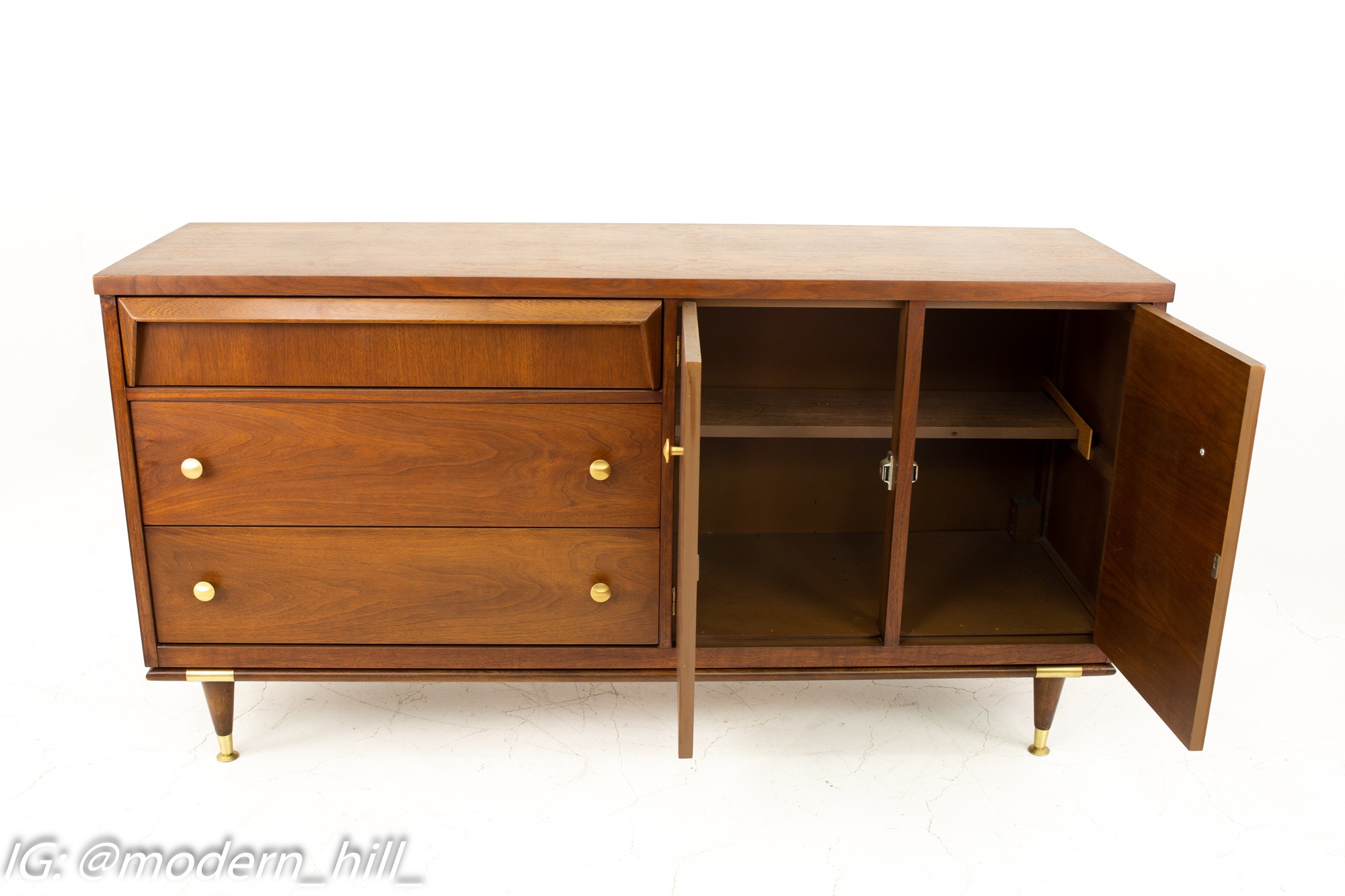 Bassett Mid Century Walnut and Brass Sideboard Buffet Credenza