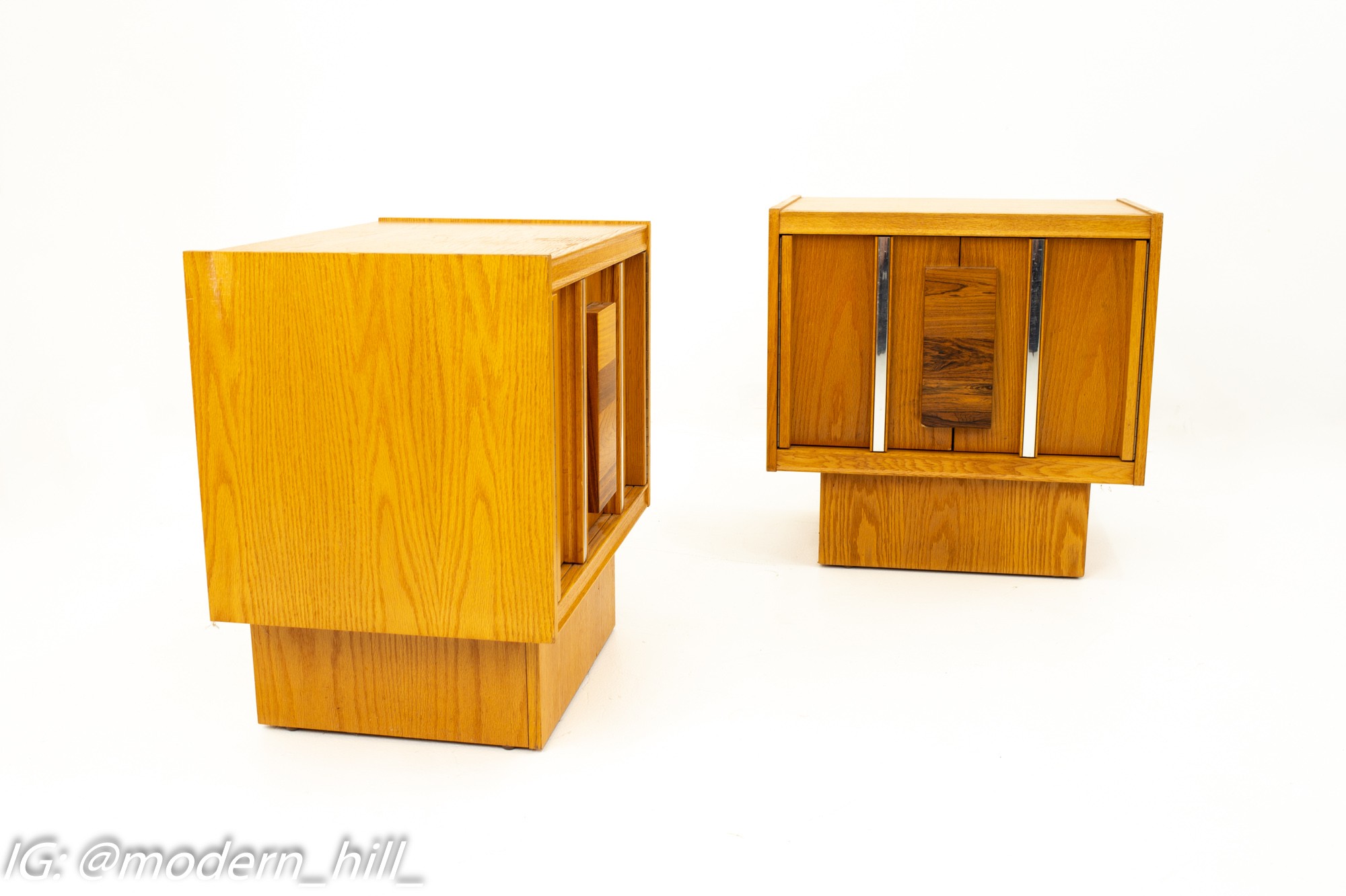 Mid Century Brutalist Oak Rosewood and Chrome Nightstands - Pair