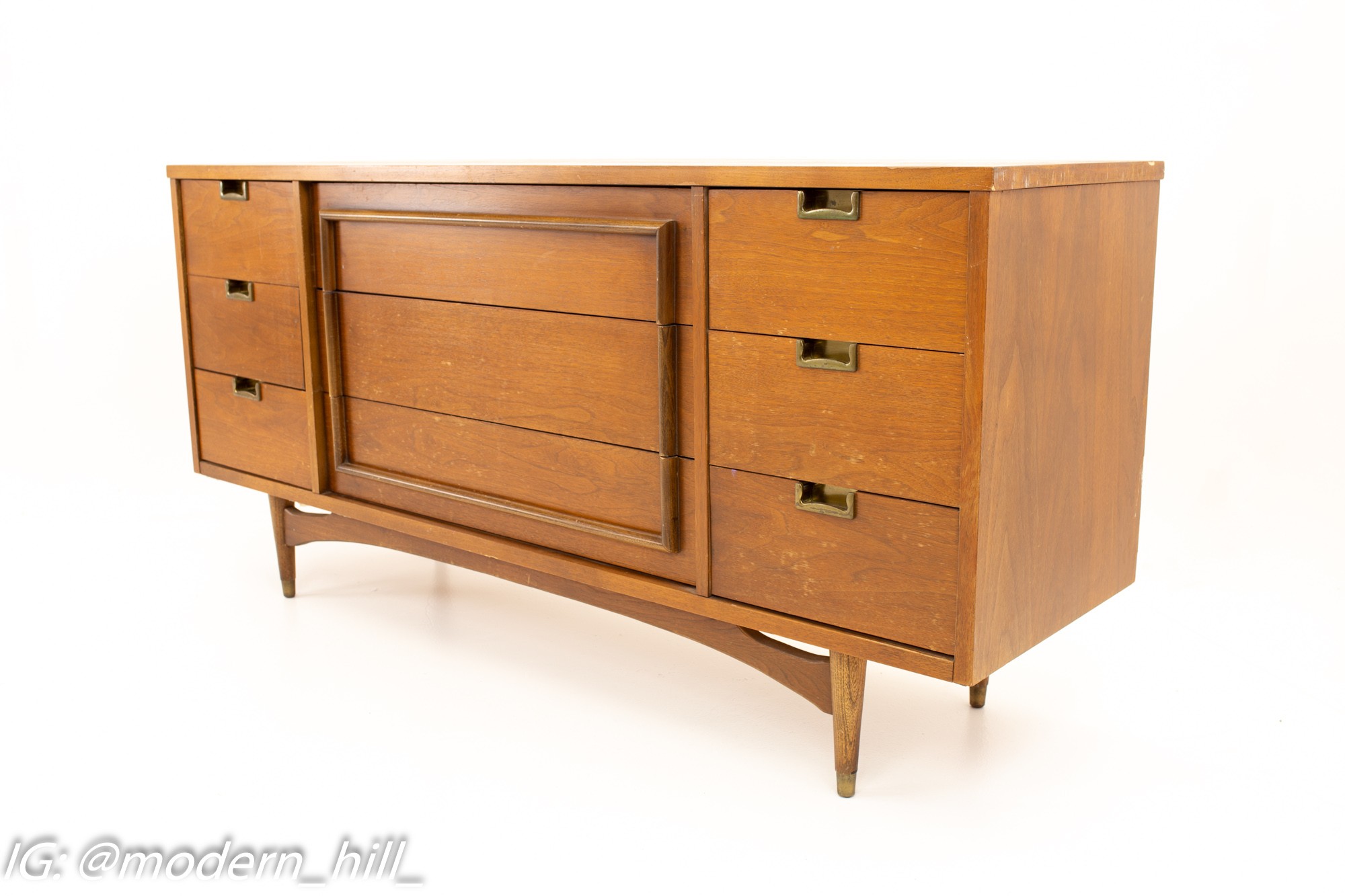 Mid Century Walnut and Brass 9 Drawer Lowboy Dresser