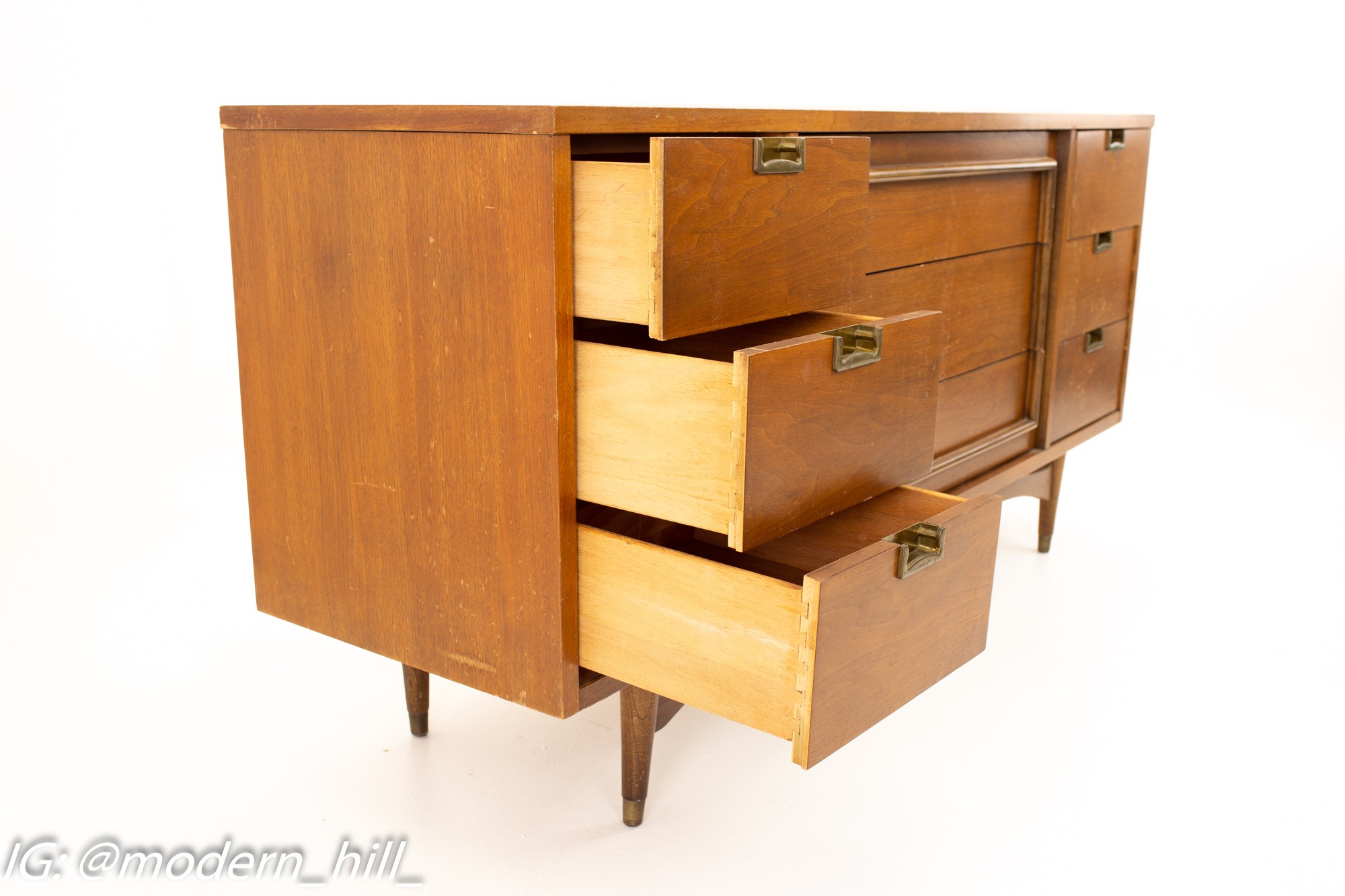 Mid Century Walnut and Brass 9 Drawer Lowboy Dresser
