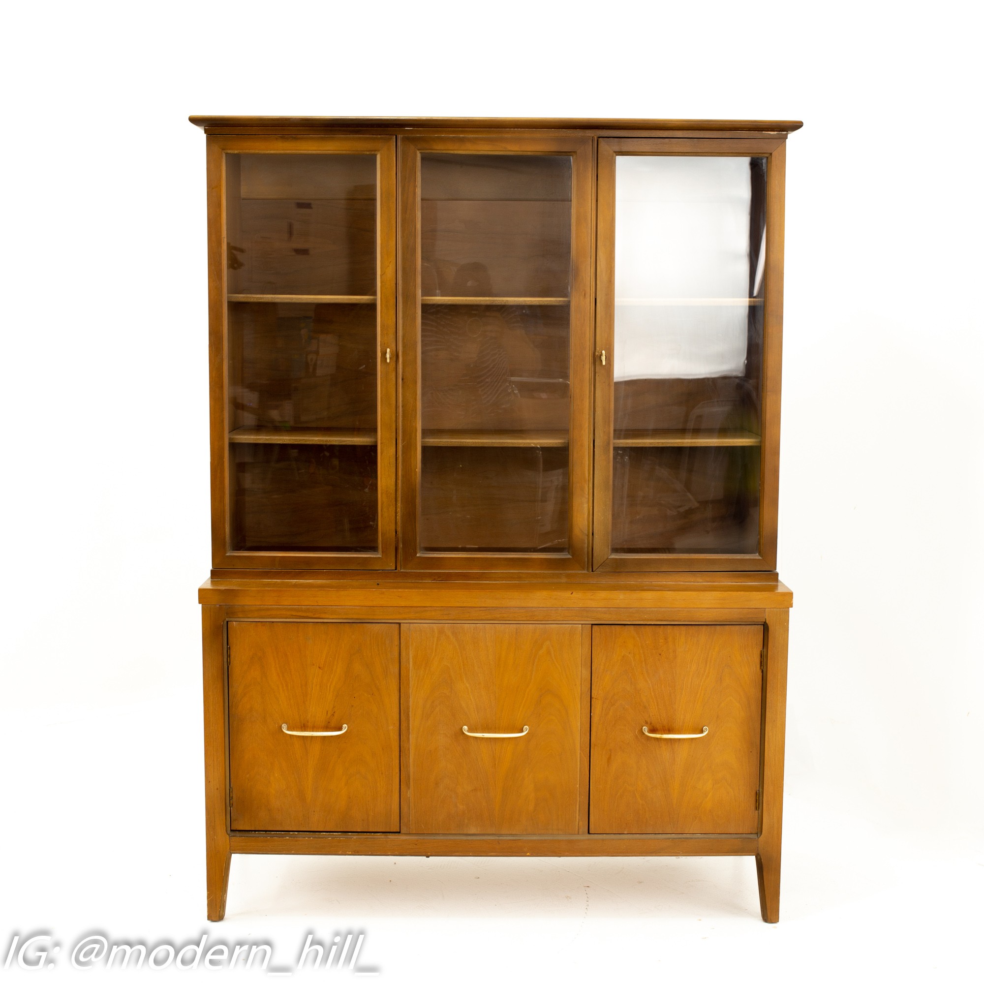 Mid Century Walnut and Brass Buffet and Hutch