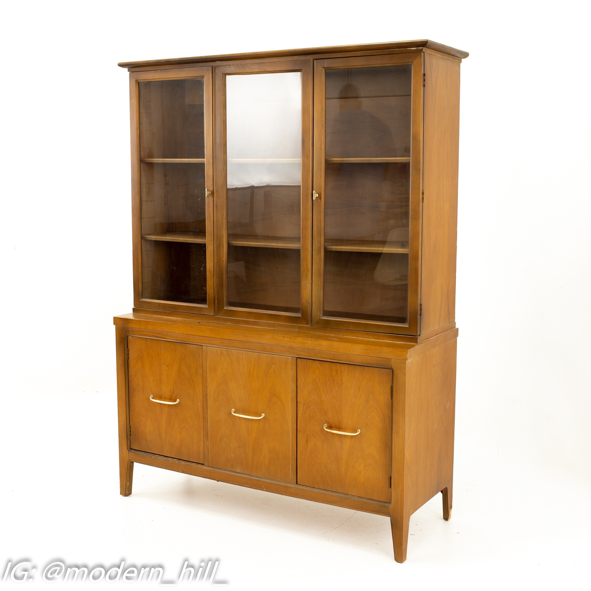 Mid Century Walnut and Brass Buffet and Hutch