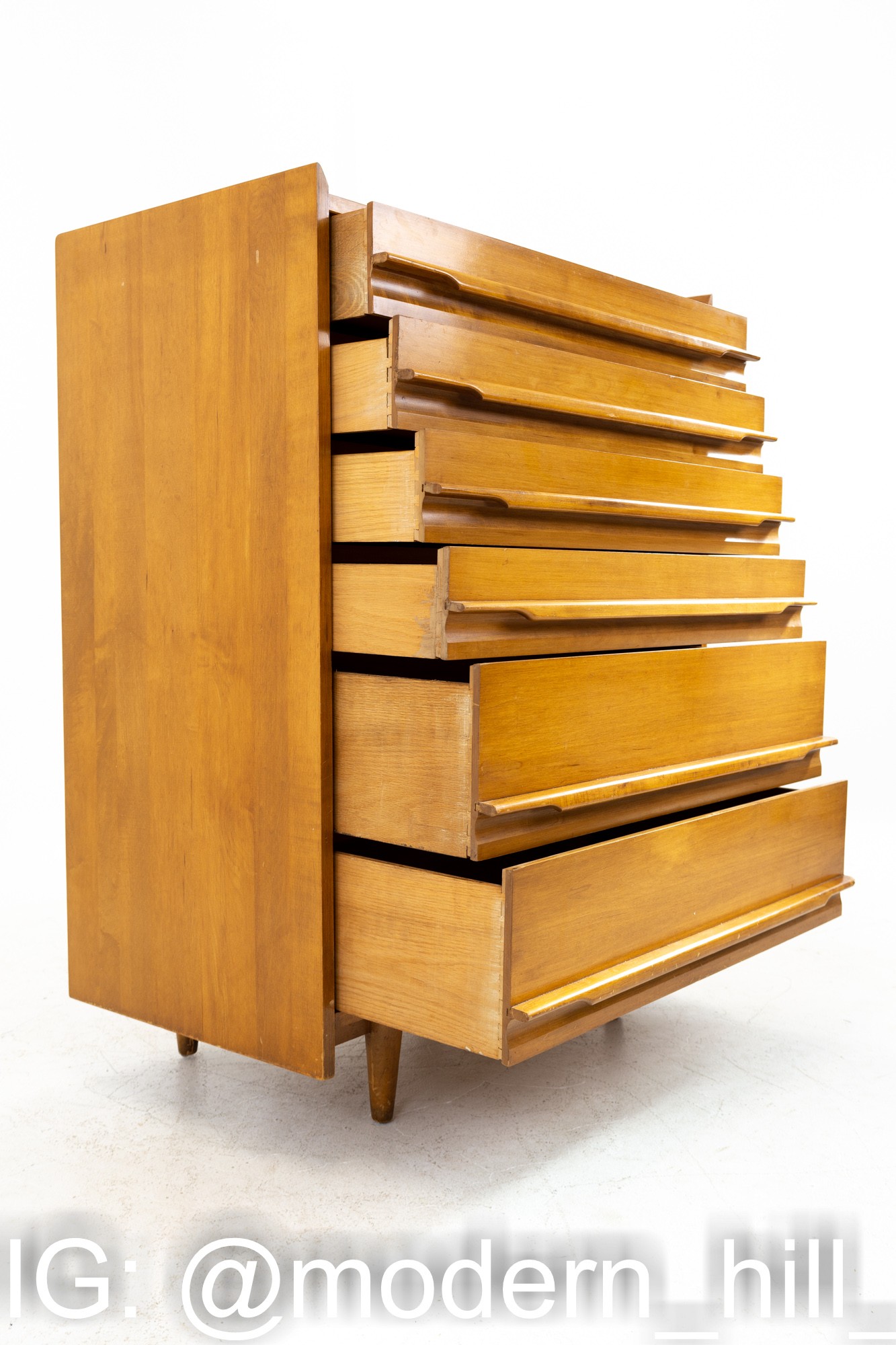 Milo Baughman Style Crawford Furniture Mid Century Solid Wood 6 Drawer Highboy Dresser