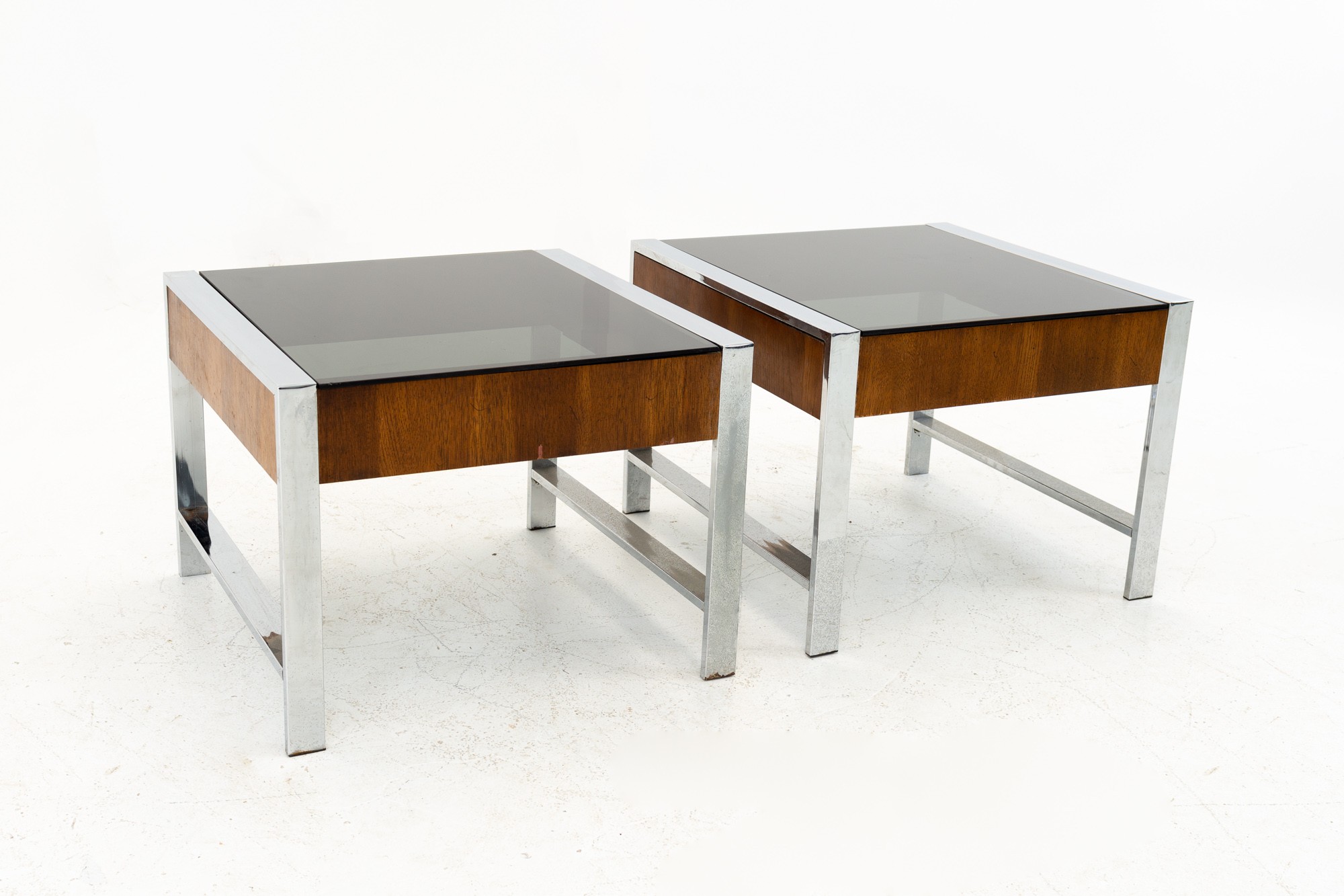 Milo Baughman Style Mid Century Chrome and Smoked Glass Side End Tables - Matching Pair
