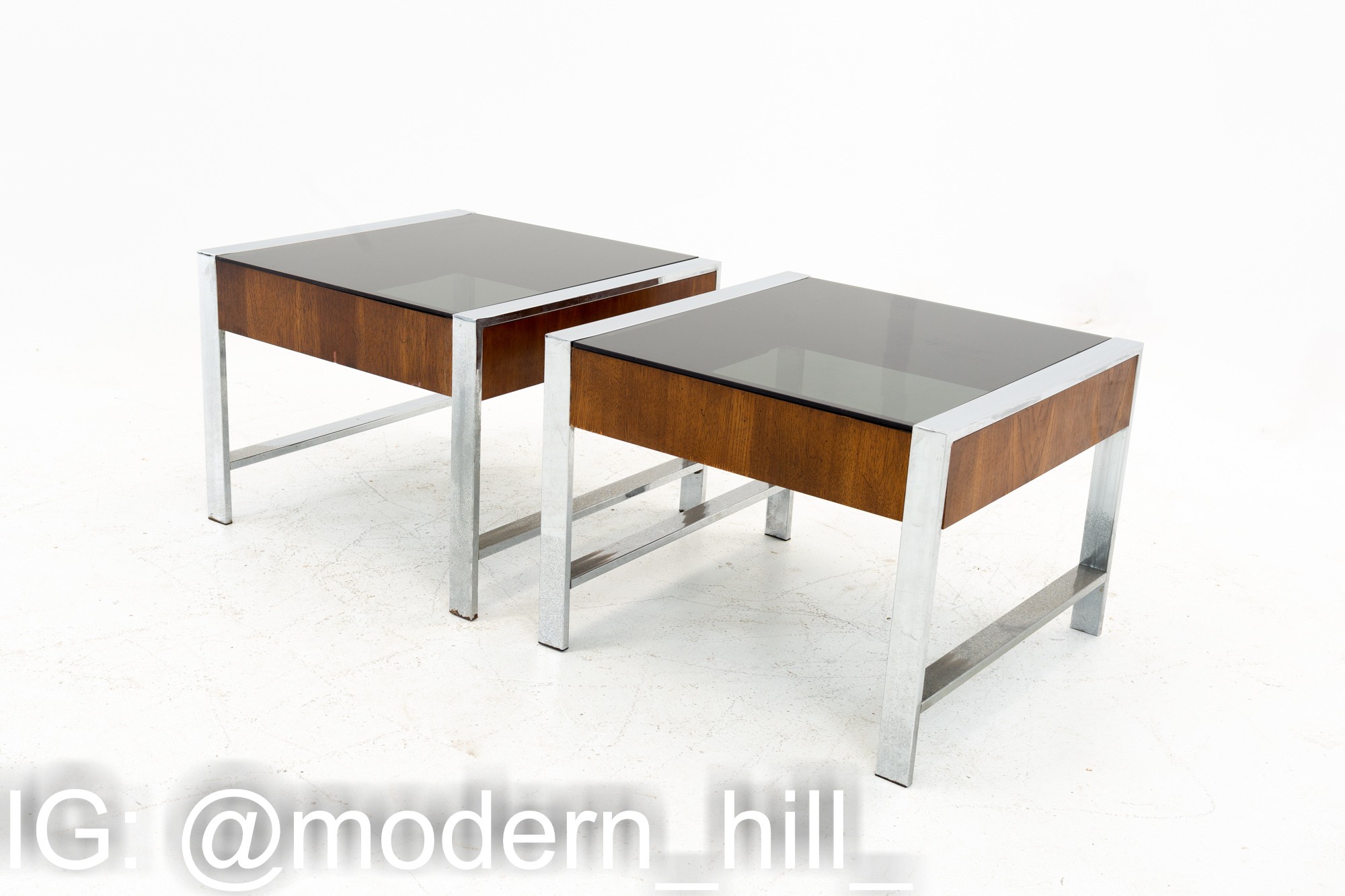 Milo Baughman Style Mid Century Chrome and Smoked Glass Side End Tables - Matching Pair