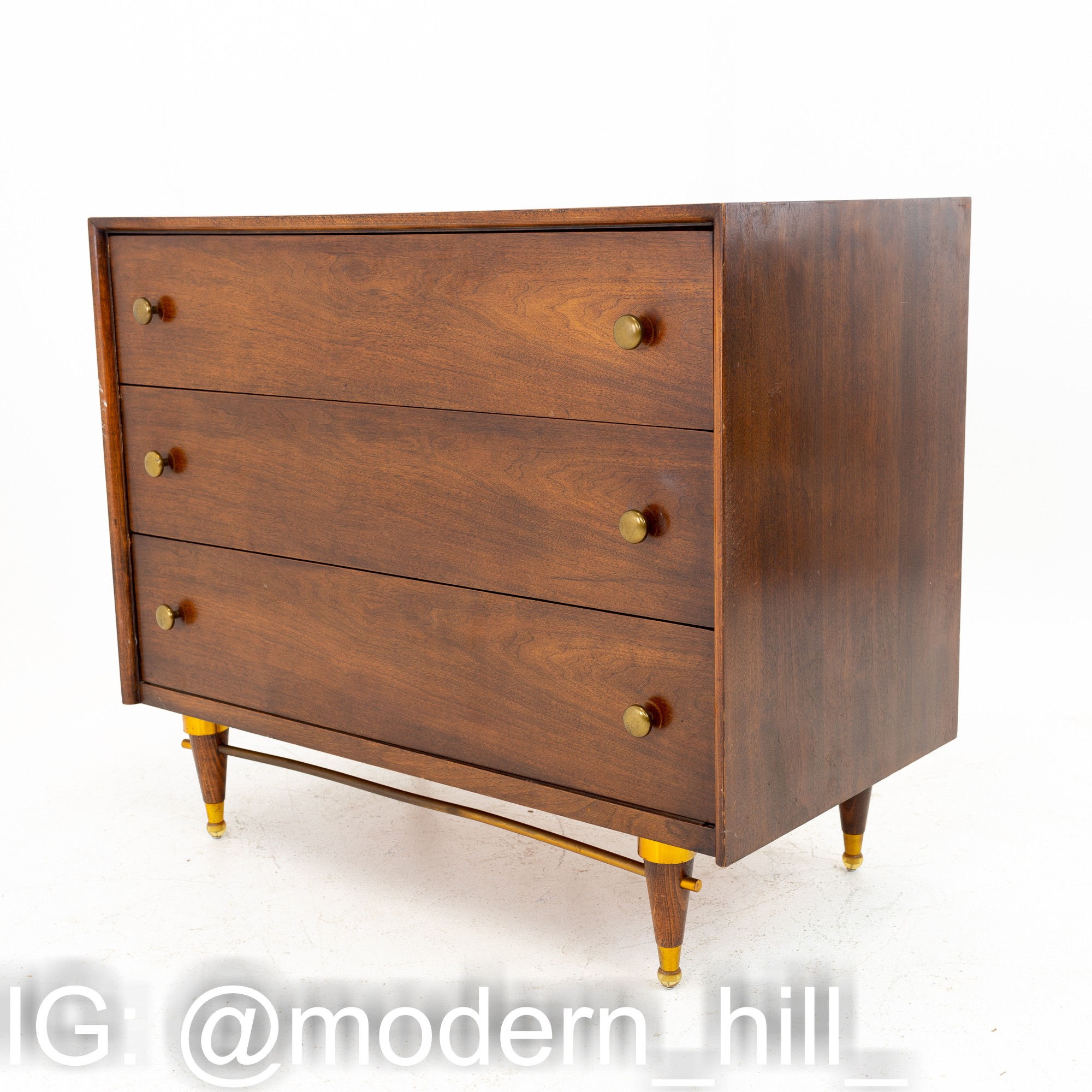 National Furniture Company Mid Century Walnut and Brass 3 Drawer Dresser Chest