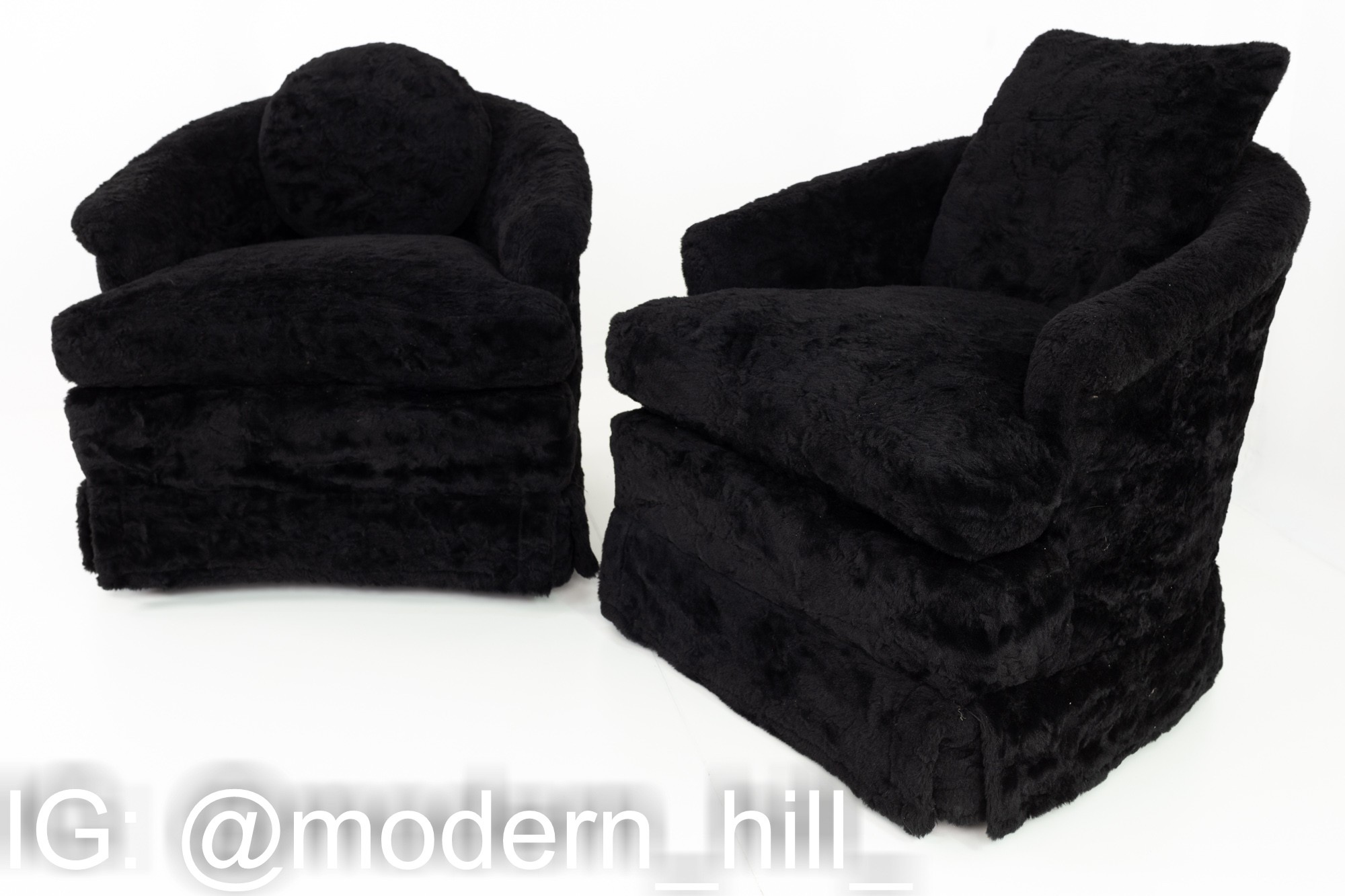 Mid Century Black Furry Lounge Chairs - Pair
