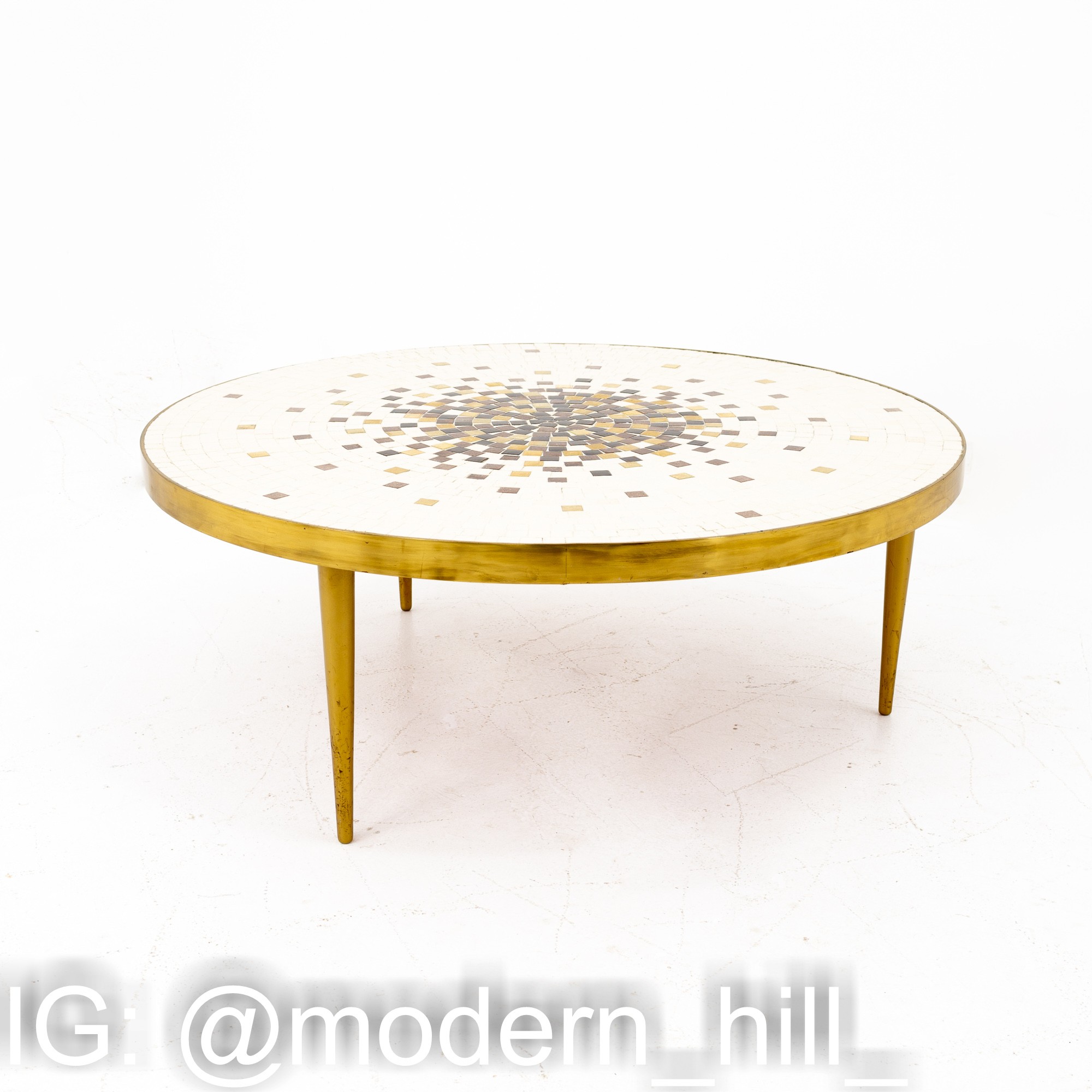 Martz Style Mid Century Round Brass Mosaic Tile Coffee Table