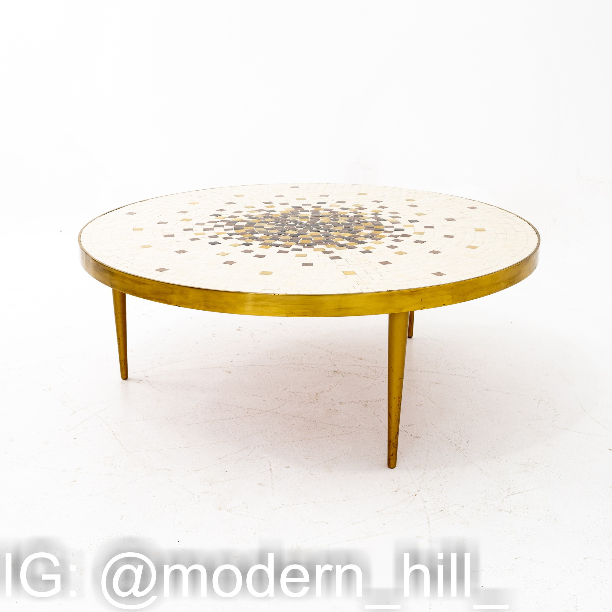 Martz Style Mid Century Round Brass Mosaic Tile Coffee Table