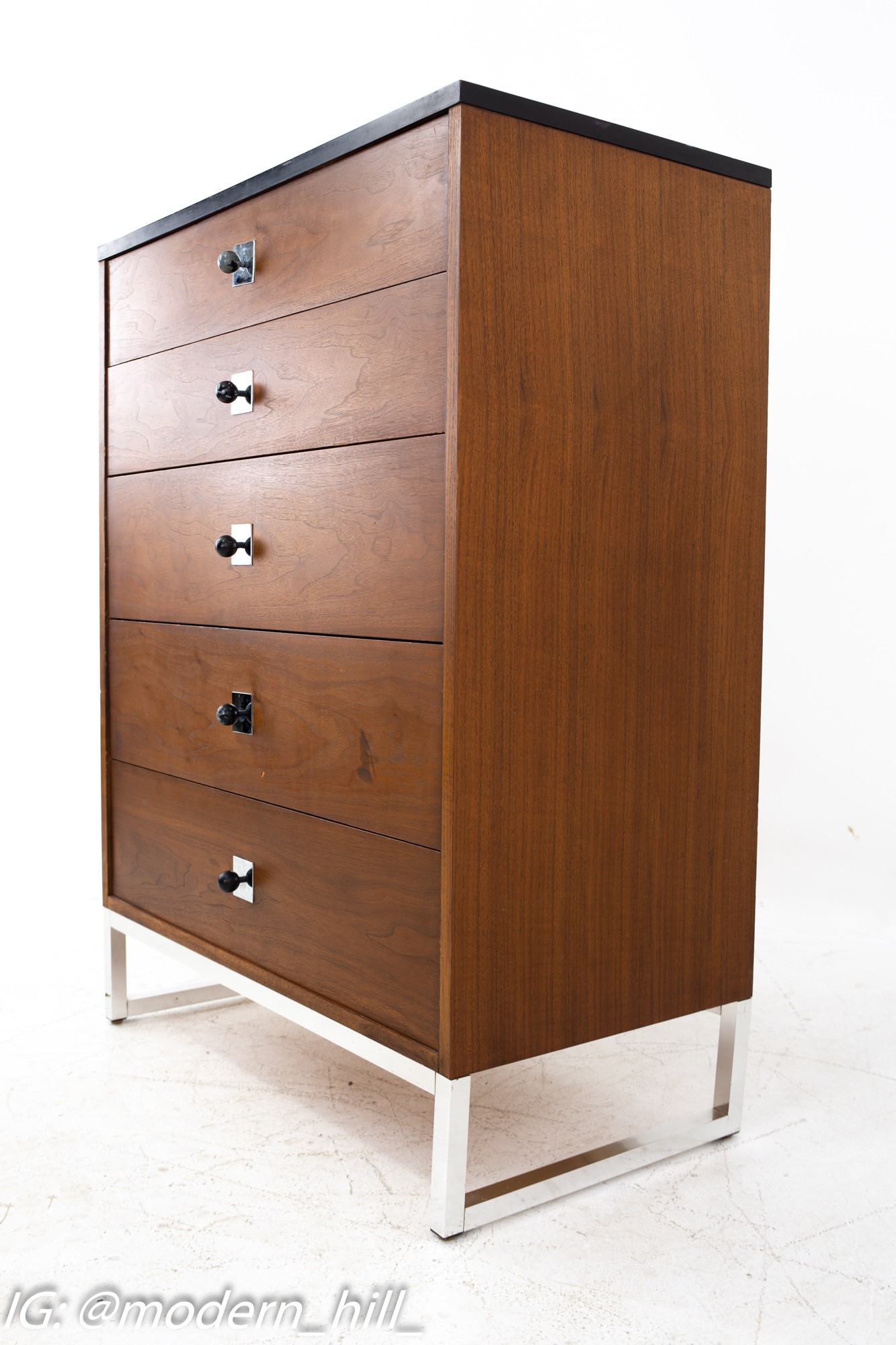 George Nelson Style Thomasville Mid Century Walnut Chrome and Black Formica 5 Drawer Highboy Dresser