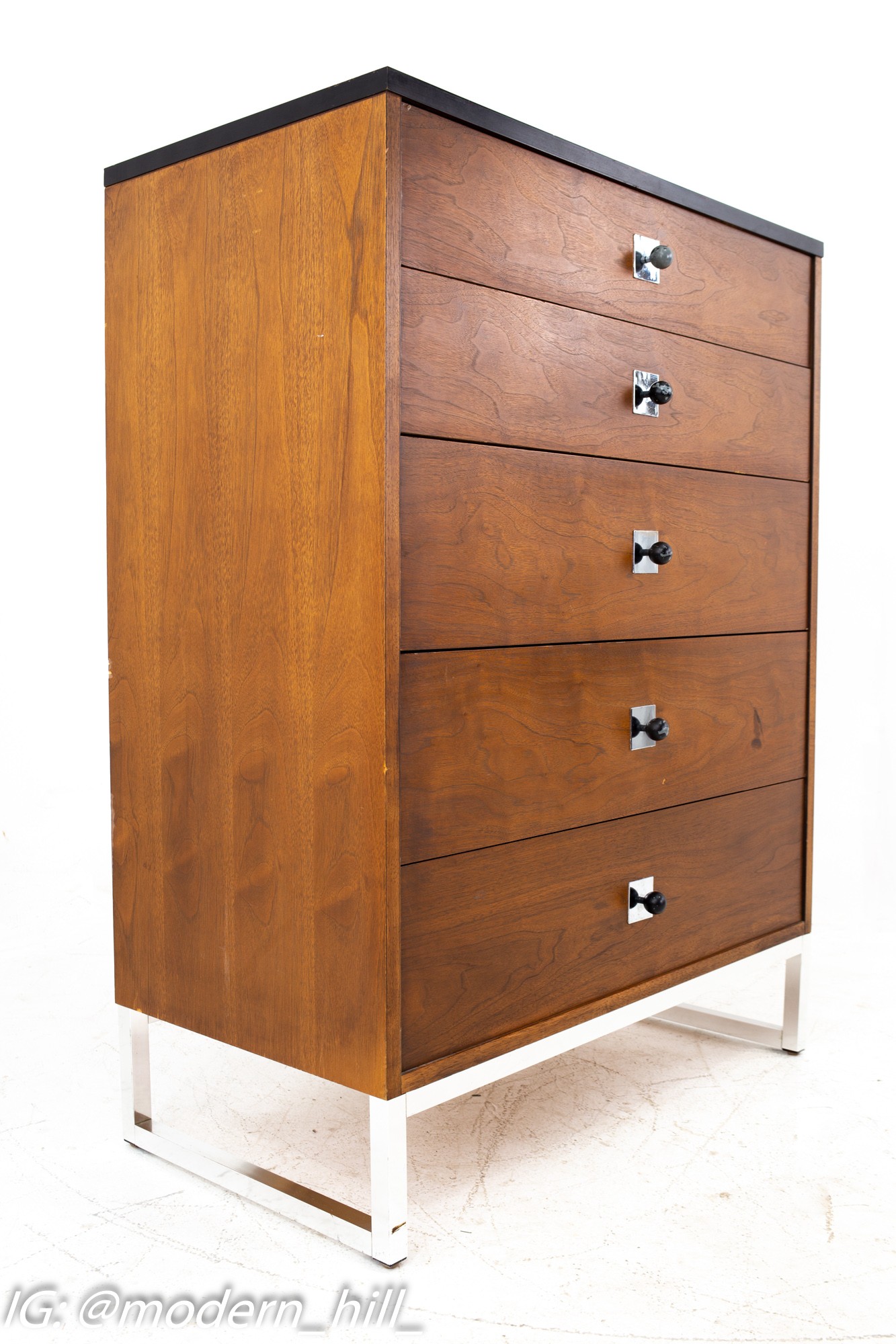 George Nelson Style Thomasville Mid Century Walnut Chrome and Black Formica 5 Drawer Highboy Dresser