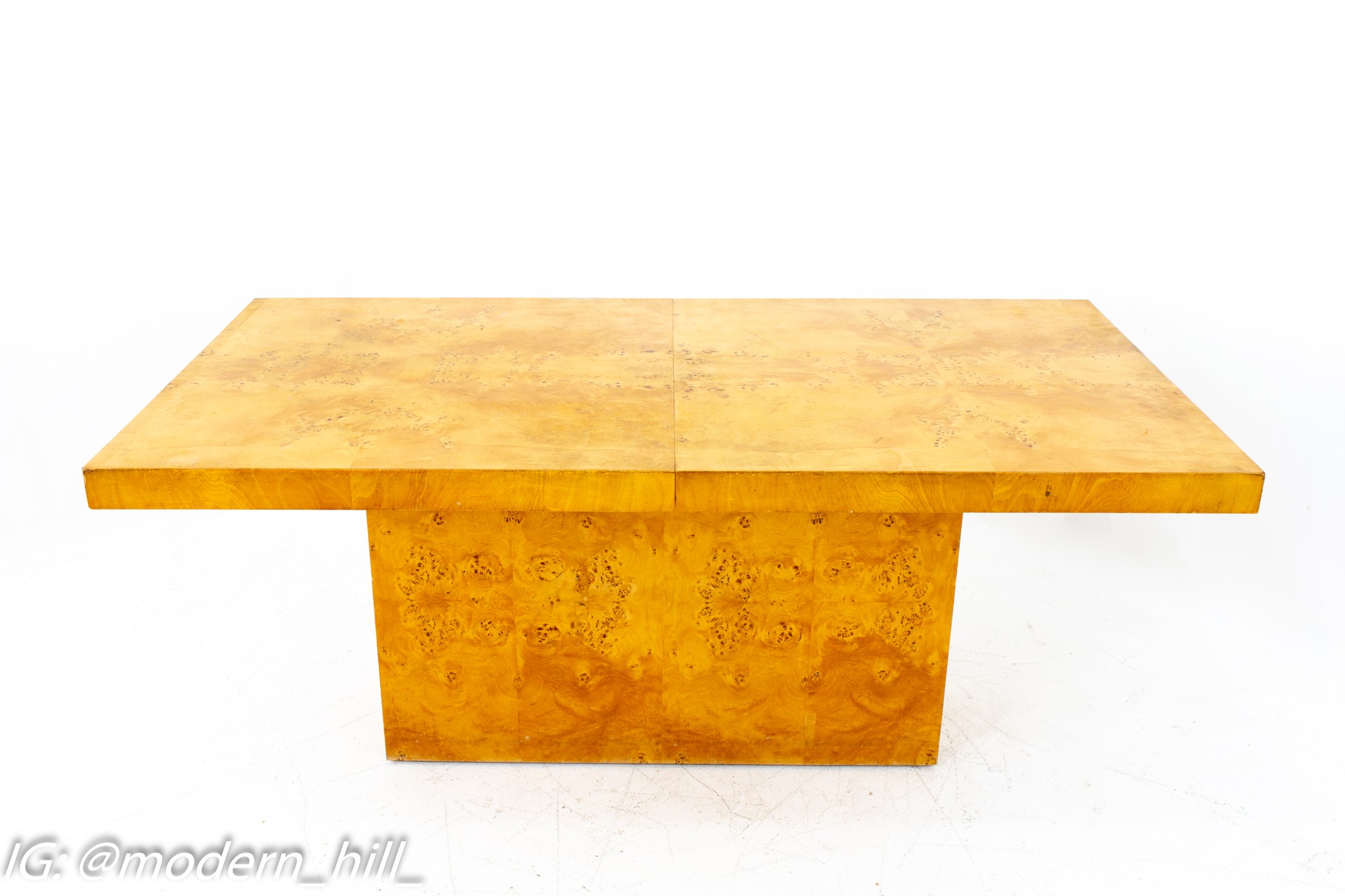 Milo Baughman Style Mid Century Burlwood Pedestal Dining Table with 2 Leaves