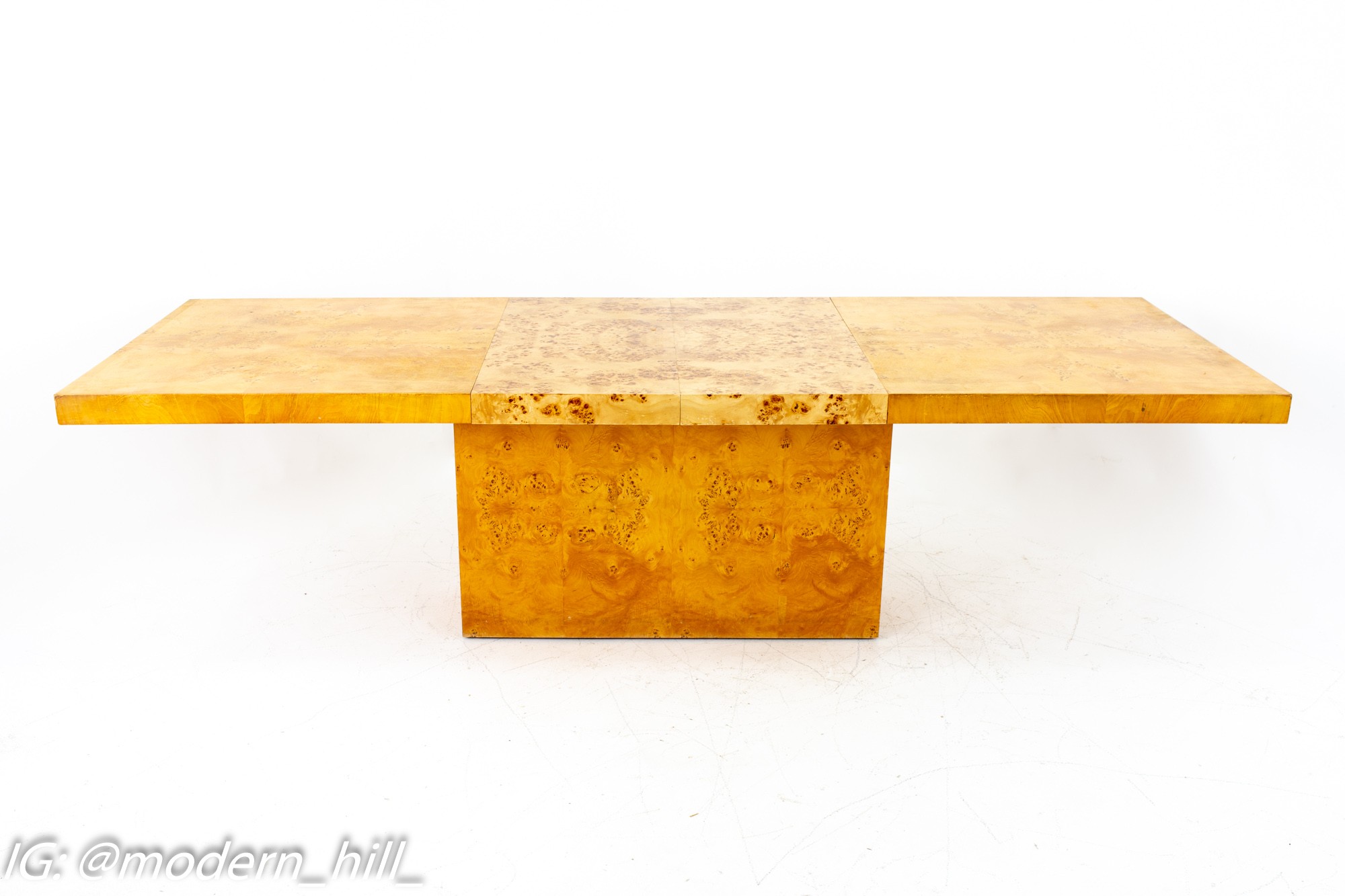 Milo Baughman Style Mid Century Burlwood Pedestal Dining Table with 2 Leaves